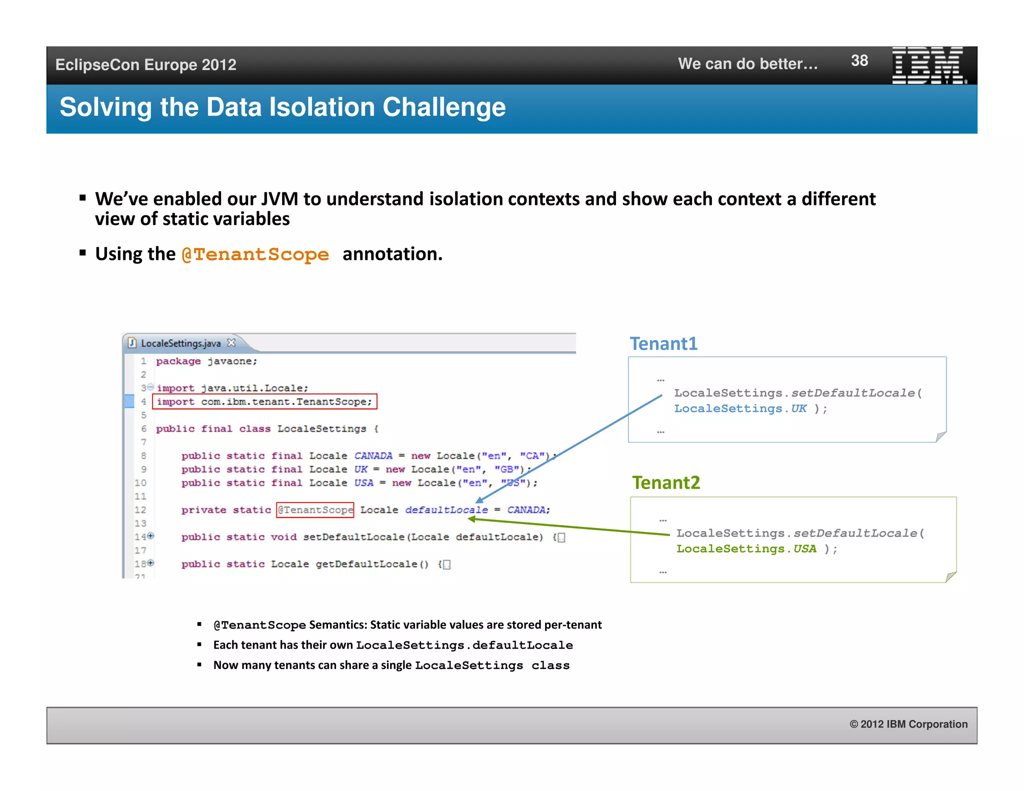 © 2012 IBM Corporation
EclipseCon Europe 2012 We can do better…
Solving the Data Isolation Challenge
38
We’ve enabled our JVM to understand isolation contexts and show each context a different
view of static variables
Using the @TenantScope annotation.
@TenantScope Semantics: Static variable values are stored per-tenant
Each tenant has their own LocaleSettings.defaultLocale
Now many tenants can share a single LocaleSettings class
…
LocaleSettings.setDefaultLocale(
LocaleSettings.UK );
…
Tenant1
Tenant2
…
LocaleSettings.setDefaultLocale(
LocaleSettings.USA );
…
 