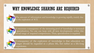 WHY KNOWLEDGE SHARING ARE REQUIRED
 The amount of information and knowledge is growing rapidly, mainly due
 to the explosion of ICT.


 A necessary consequence of the increasing pool of knowledge is increased
  specialization. No one can keep with all new developments within this
 broad range of required competencies. Then, specialization is required.


 Consequence of the explosion of knowledge is that education no
 longer should be regarded as a phase life, but rather as a life-long
 experience.
 