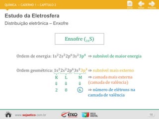 www.sejaetico.com.br 16
PróximoVoltarInício
QUÍMICA » CADERNO 1 » CAPÍTULO 2
Estudo da Eletrosfera
Distribuição eletrônica – Enxofre
Enxofre (16S)
K L M
2 8 6
 