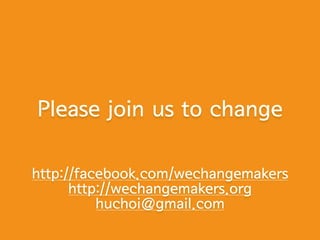 Title: ____________________________________
Photo or clip
Progress bar
Change caller: Kim Chan Ge
Changemakers: Lee Chan Ge (Lead)!
Choi Chan Ge!
Oh Chan Ge!
Koh Chan ge
Change supporters : change.org!
Change Corp.
?? ?????? ??
Cause description:!
Risk?!
Why?!
Who?!
Additional photos
Location
Progress 1
Progress 2
Progress 3
Progress 4
Use Ushahidi or Mappler
 