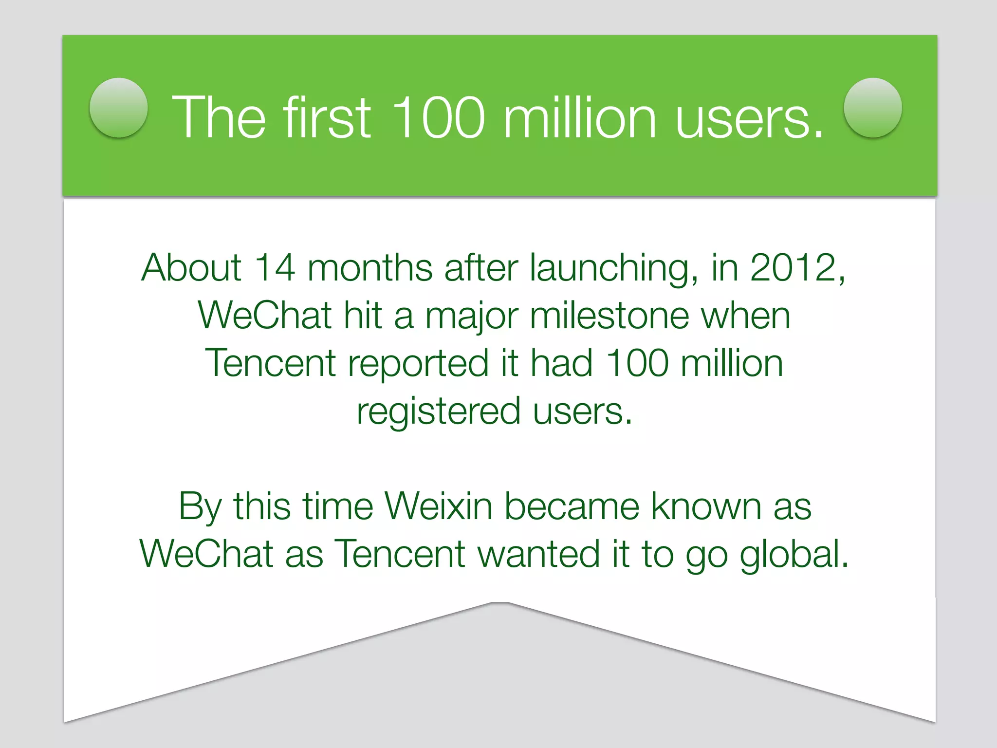 About 14 months after launching, in 2012,
WeChat hit a major milestone when
Tencent reported it had 100 million
registered users.
By this time Weixin became known as
WeChat as Tencent wanted it to go global.
The ﬁrst 100 million users.
 