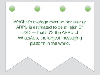 WeChat’s average revenue per user or
ARPU is estimated to be at least $7
USD — that’s 7X the ARPU of
WhatsApp, the largest messaging
platform in the world.
 