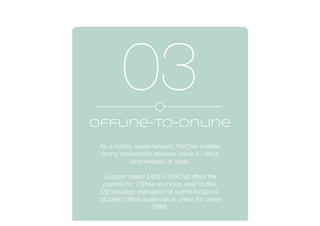 1 2 3
customer service
Branded Loyalty Cards
WeChat ID: qqicard
Loyalty Cards: have become a low priority for
WeChat. The focal point for brands on
WeChat is through the master “Brand
Account” and not thru supplemental accounts
like this for Loyalty.
 