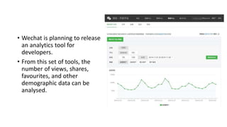 • Wechat is planning to release 
an analytics tool for 
developers. 
• From this set of tools, the 
number of views, shares, 
favourites, and other 
demographic data can be 
analysed. 
 