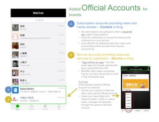 Example
China Eastern Airlines Official
Account on WeChat
• Shown as a contact in WeChat
after users add its official account
• Users can check flight info,
reserve tickets, check-in, select
seats, manage membership
through the airline’s WeChat
account
• All subscriptions are gathered under a separate
tab called “Subscriptions”
• Good for individuals or companies that provide
contents as a core service
• Less efficient at collecting data from users and
at providing online services than Service
accounts do
Added Official Accounts for
brands
 Subscription accounts providing news and
media articles – Content is King
WeChat
 Service accounts providing corporate
services to customers – Service is King
China Eastern Airlines
4
4
5
5
• “App-within-an-app”: Not full
scale apps but simple website-like
apps using WeChat’s API
• Benefits early stage companies
that do not have resources to build
a fully developed app
 