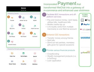 • Pay and receive money: card repay,
utilities bills, healthcare bills
• Mobile credits top up
• Link loyalty cards from multiple
merchants to one WeChat account
• Transfer money among friends
• Split bills
• Send out red packets, monetary
gifts given for special occasions
• Crowdfunding
• Wealth management products (i.e.
LiCaiTong)
• Loan application
Wallet
WeChat Pay
GLOBAL
COMPS
7
8
7
7
8 8
8
7
9
9
9
Incorporated Paymentthat
transformed WeChat into a gateway of
m-commerce and enhanced user stickiness
• Facilitate B2C transactions and off-
platform services:
• Enhance C2C transactions:
• Provide various financial products
MeilishuoGroup BuyMovie Tickets
SpecialRail & FlightsOrder Taxi
 