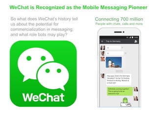 WeChat is Recognized as the Mobile Messaging Pioneer
So what does WeChat’s history tell
us about the potential for
commercialization in messaging,
and what role bots may play?
Connecting 700 million
People with chats, calls and more
 