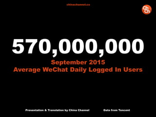 570,000,000
September 2015
Average WeChat Daily Logged In Users
Presentation & Translation by China Channel Data from Tencent
chinachannel.co
 