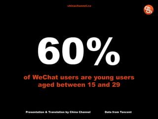 Presentation & Translation by China Channel Data from Tencent
chinachannel.co
60%of WeChat users are young users
aged between 15 and 29
 