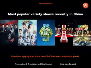 Presentation & Translation by China Channel Data from Tencent
chinachannel.co
based on aggregated data from WeChat users moments posts
Most popular variety shows recently in China
 