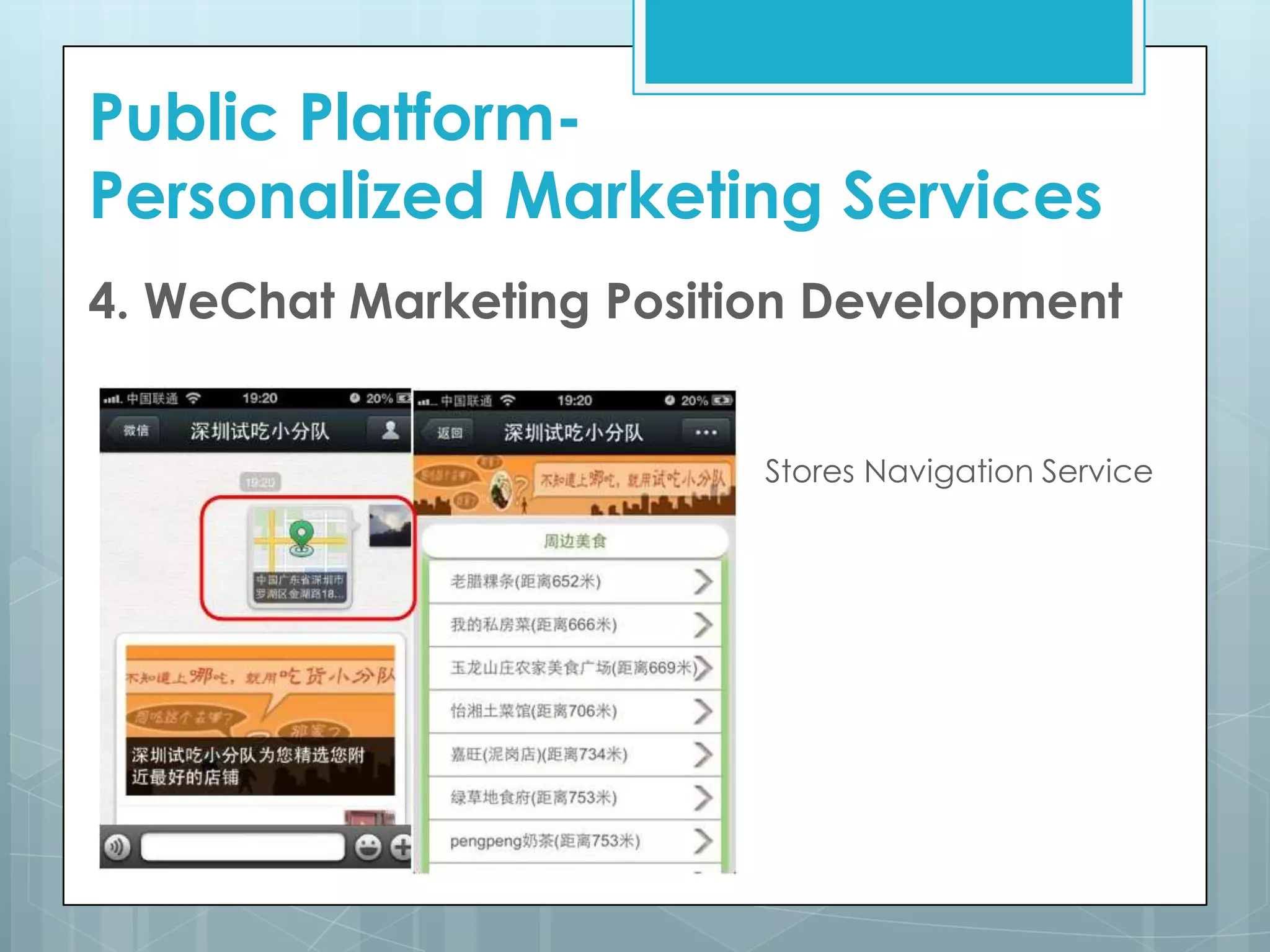 4. WeChat Marketing Position Development
Stores Navigation Service
Public Platform-
Personalized Marketing Services
 