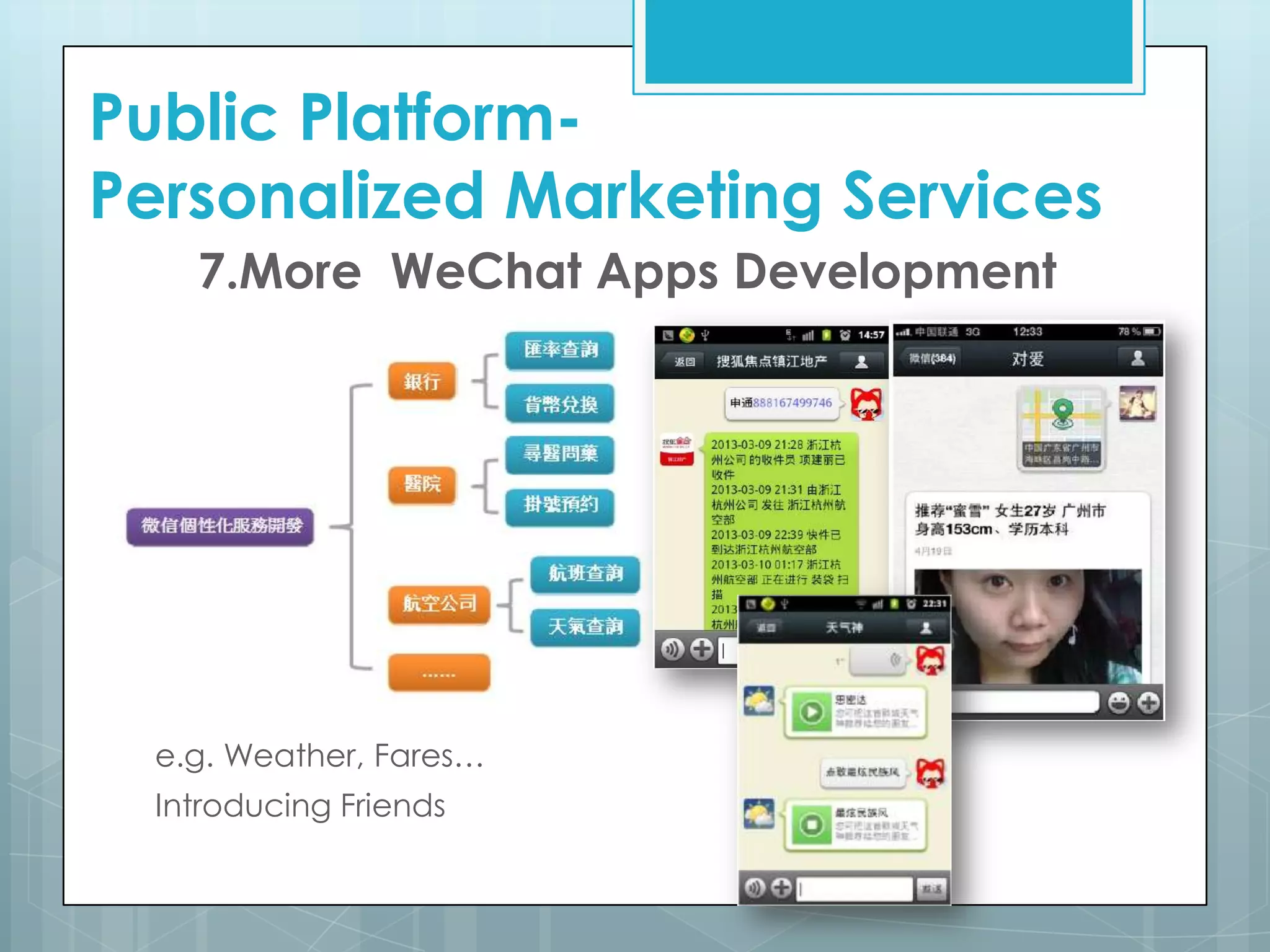 7.More WeChat Apps Development
e.g. Weather, Fares…
Introducing Friends
Public Platform-
Personalized Marketing Services
 