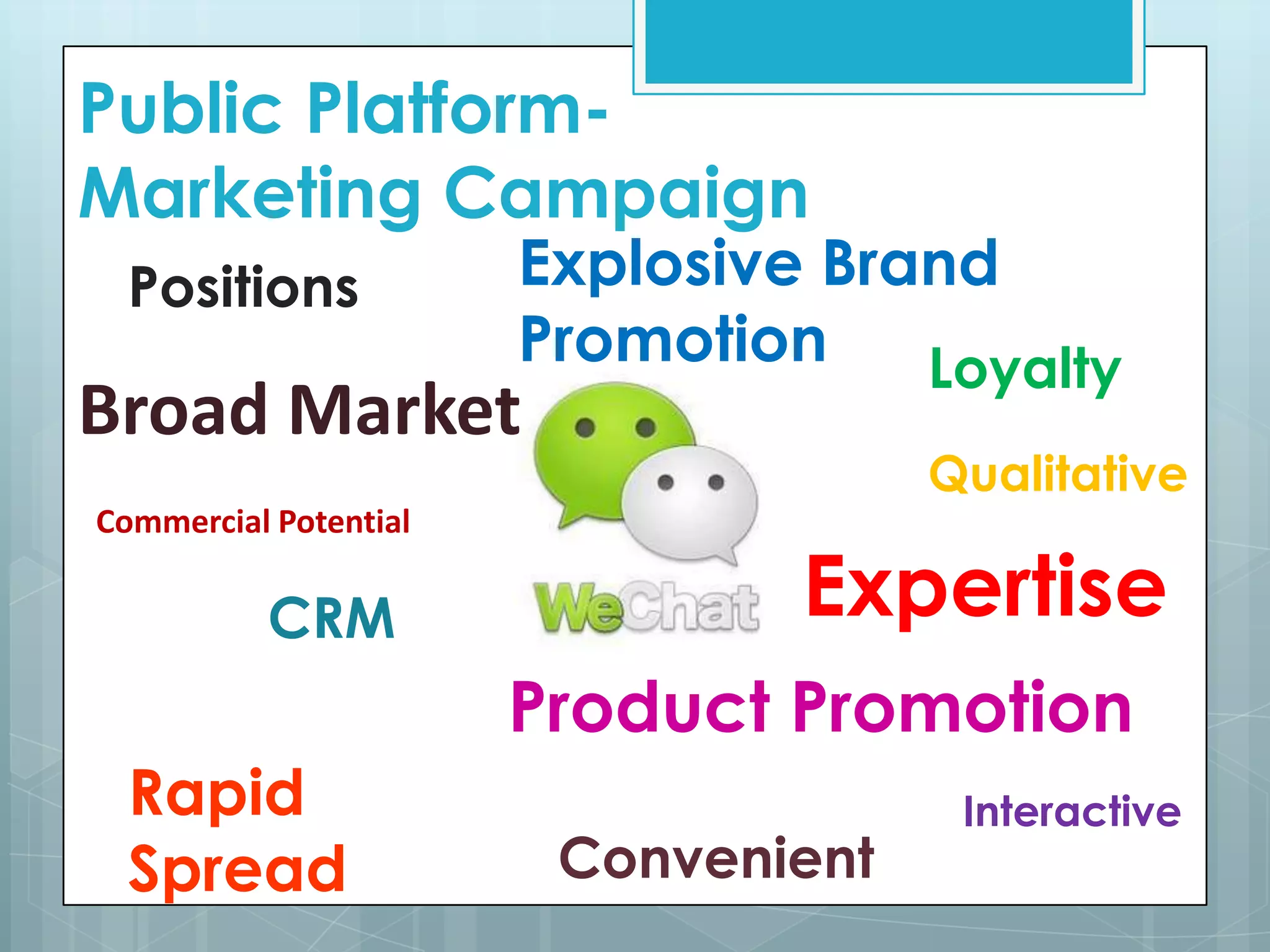Public Platform-
Marketing Campaign
Broad Market
Commercial Potential
Interactive
Explosive Brand
Promotion
CRM
Convenient
Product Promotion
Rapid
Spread
Loyalty
Expertise
Positions
Qualitative
 