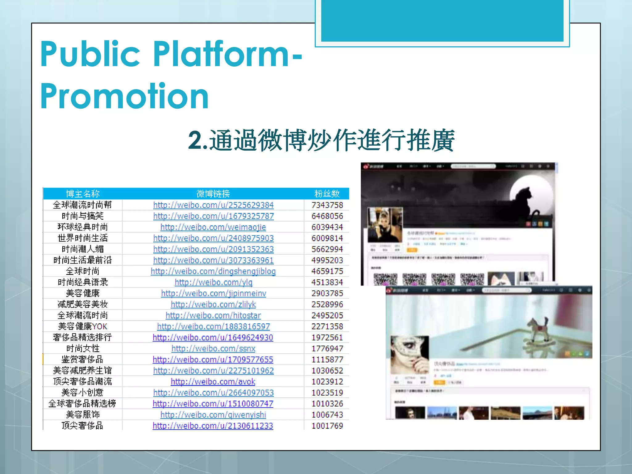 2.通過微博炒作進行推廣
Public Platform-
Promotion
 