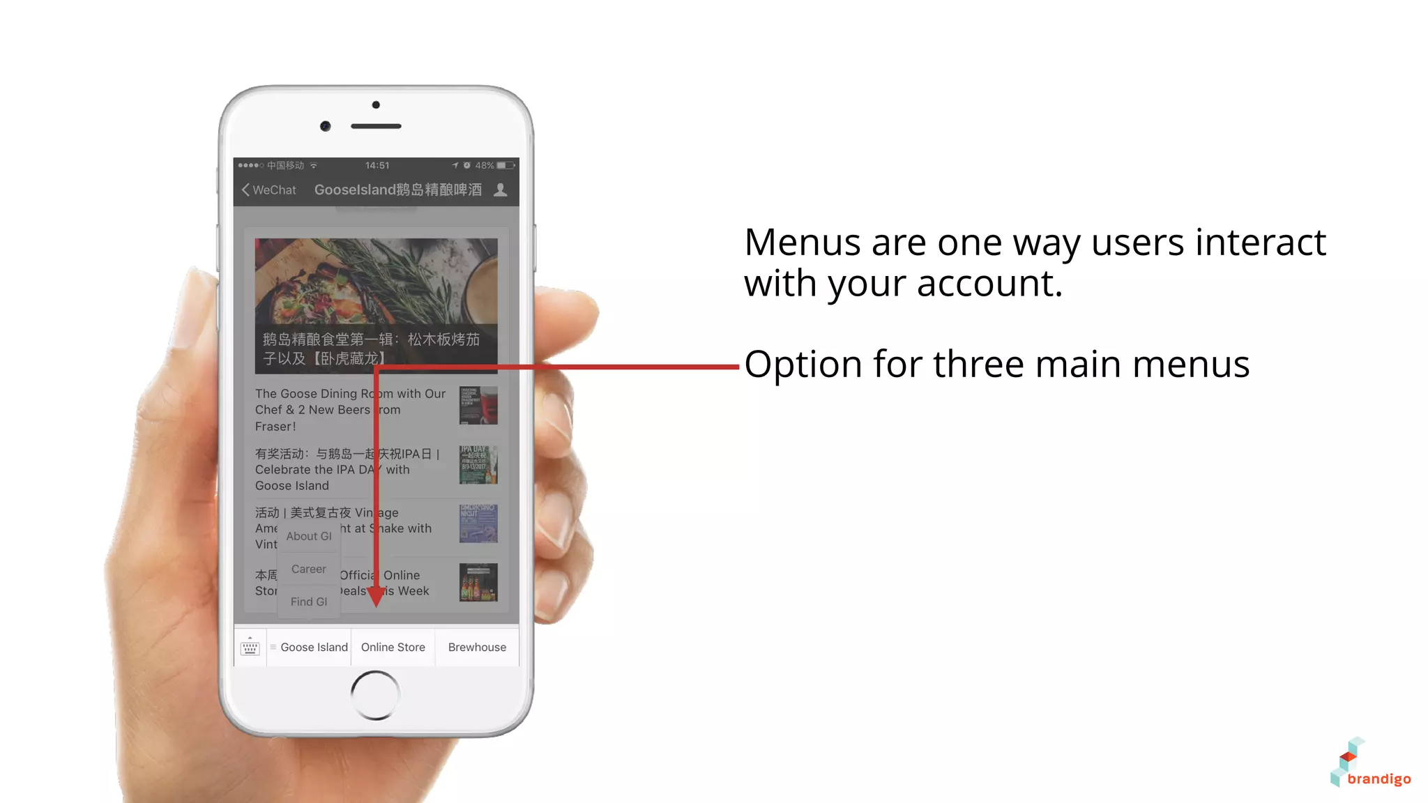 Menus are one way users interact
with your account.
Option for three main menus
 