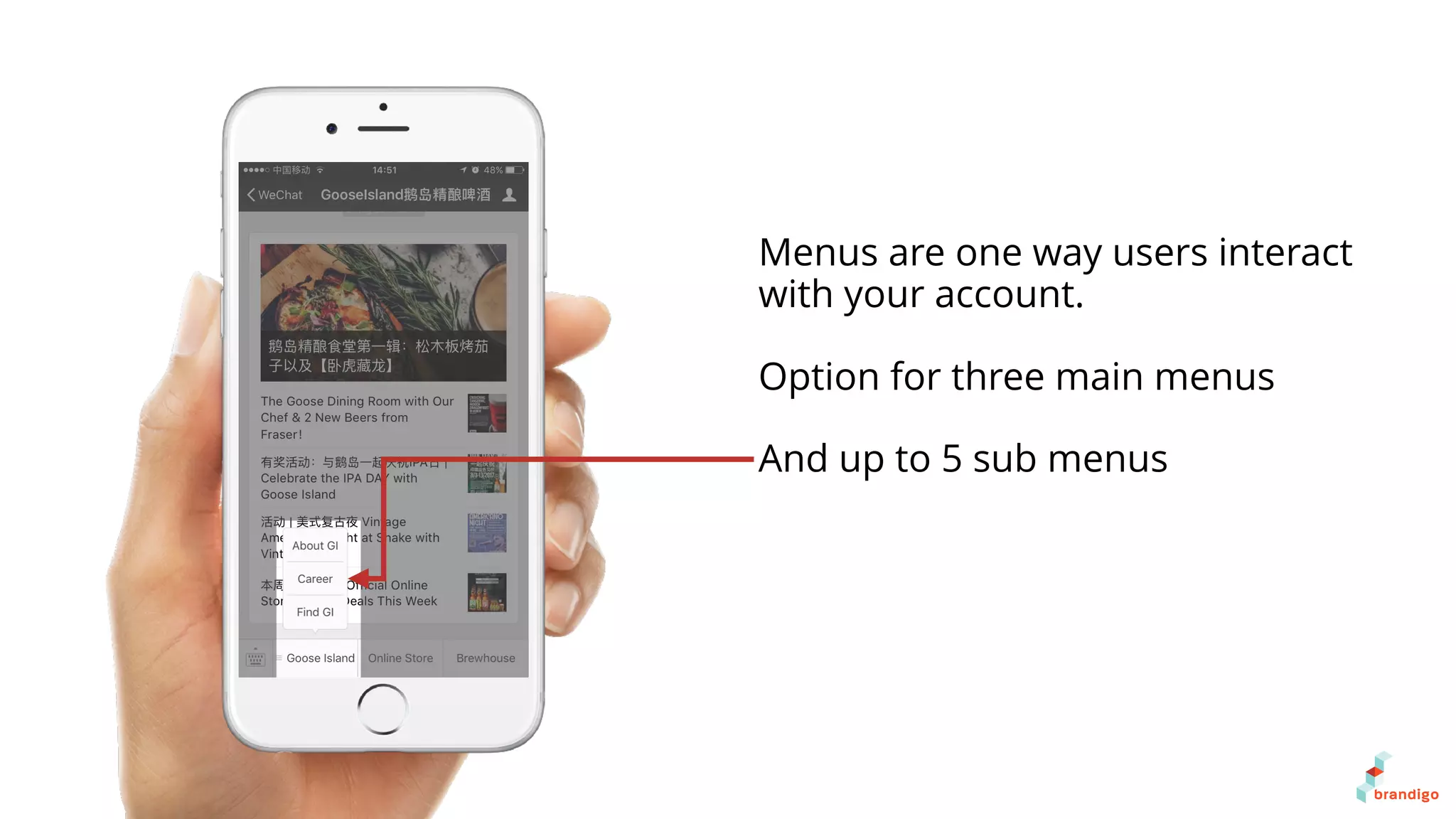 Menus are one way users interact
with your account.
Option for three main menus
And up to 5 sub menus
 