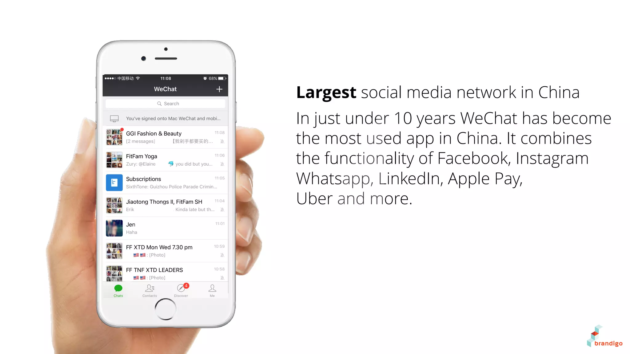 Largest social media network in China
In just under 10 years WeChat has become
the most used app in China. It combines
the functionality of Facebook, Instagram
Whatsapp, LinkedIn, Apple Pay,
Uber and more.
 