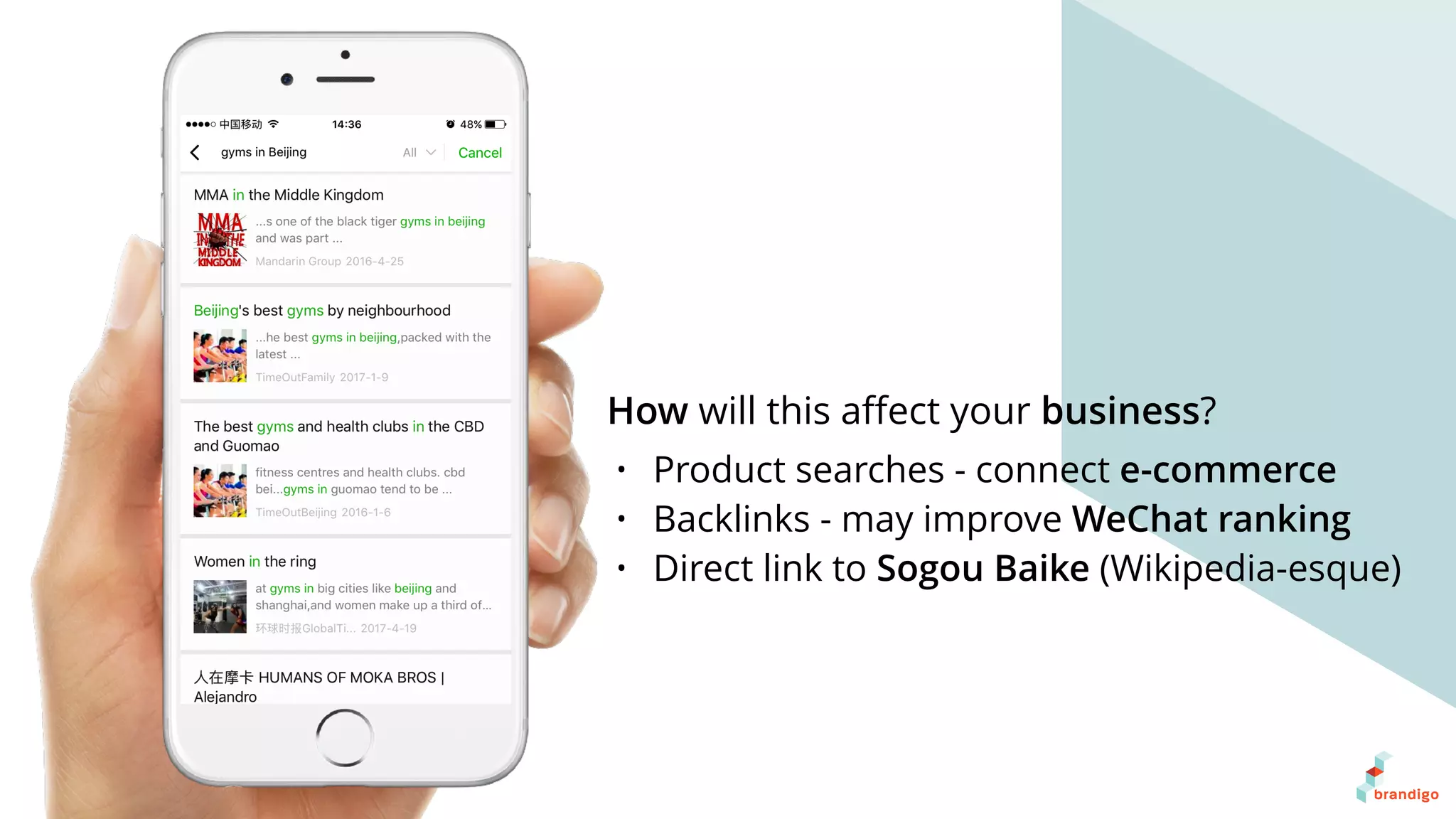 • Product searches - connect e-commerce
• Backlinks - may improve WeChat ranking
• Direct link to Sogou Baike (Wikipedia-esque)
How will this aﬀect your business?
 