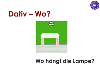 Dativ – Wo?

Wo hängt die Lampe?

 