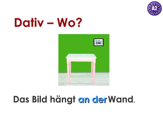 Dativ – Wo?

Das Bild hängt an der Wand.

 