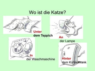 Wo ist die Katze?
Unter
dem Teppich
In
der Waschmaschine
An
der Lampe
Hinter
dem Kühlschrank