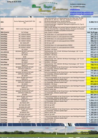 Pischlach 6, D-82389 Böbing
Tel.: +49 (0)8867/919 688 0
info@nels24.de
info@new-energy-light-solutions.com
www.new-energy-light-solutions.com
S. 14 Finanzamt Garmisch-Partenkirchen
UST-ID-Nr: DE238049655
Inhaber: Jutta Hertel
Gültig ab 30.07.2019
.02.2019
.11.2018
..05.2018
SMA
Sunny Highpower Peak3 (SHP-150-
20)
150
Solar-Wechselrichter zur Netzeinspeisung Pac,r/Sac,max 150 000
W/150 000 VA, 600 Vac, 1500 Vdc, dreiphasig einspeisend, mit
Blindleistungseinspeisung, transformatorlos,
Ethernetschnittstelle, browserbasierte Einrichtung der
Ländereinstellungen, integrierter Überspannungsschutz DC (Typ II)
und AC (Typ II+III)
5.998,72 €
SMA SMA Inverter Manager IM-20
SMA Inverter Manager als zentrale Datenschnittstelle für max. 42 STP
60 Solar-Wechselrichter, integrierte Modbus (Sunspec) Schnittstelle,
Schnittstelle für Sunspec kompatible Komponenten
1.411,92 €
SMA Zubehör Auf Anfrage jeder Zubehör verfügbar Auf Anfrage
SolarEdge SE-1000M-B-M2640 1 SE1000M Basic mit Leistungsoptimierer M2640 371,78 €
SolarEdge SE-1000M-F-M2640 1 SE1000M Kompakt mit Leistungsoptimierer M2640 546,32 €
SolarEdge SE-1500M-B-M2640 1,5 SE1500M Basic mit Leistungsoptimierer M2640 397,75 €
SolarEdge SE-1500M-F-M2640 1,5 SE1500M Kompakt mit Leistungsoptimierer M2640 568,52 €
SolarEdge SE-15000-APP 1,5 SE15K 3ph APP 1.113,70 €
SolarEdge SE-2000M-B-M2640 2 SE2000M Basic mit Leistungsoptimierer M2640 454,67 €
SolarEdge SE-2000M-F-M2640 2 SE2000M Kompakt mit Leistungsoptimierer M2640 625,46 €
SolarEdge SE-2200H 2,2 SE2200H / HD-Wave 553,41 €
SOLAREDGE
SE2200H-SETAPP (WITHOUT
DISPLAY)
2
Wechselrichter 1PH, 2,2 kW, HD-Wave-Technologie, (-20 ° C) mit
SetApp-Konfiguration 553,41 €
SolarEdge SE-3000H 3 SE3000H / HD-Wave 637,32 €
SolarEdge SE3K 3 3PH, 3.0kW, (-20 ° C) 776,28 €
SOLAREDGE
SE3000H-SETAPP (WITHOUT
DISPLAY)
3
Wechselrichter 1PH, 3,68 kW, HD-Wave-Technologie, (-20 ° C) mit
SetApp-Konfiguration 617,32 €
SolarEdge SE-3500H 3,5 SE3500H / HD-Wave 732,72 €
SOLAREDGE
SE3500H-SETAPP (WITHOUT
DISPLAY)
3,5
Wechselrichter 1PH, 3,68 kW, HD-Wave-Technologie, (-20 ° C) mit
SetApp-Konfiguration 709,74 €
SolarEdge
SE3680H HD-WAVE SETAPP
(WITHOUT DISPLAY)
3,68
keine Kompatibilität mit den Smart-Home- oder StorEdge-Produkten
von Solaredge, Software-Update folgt** 720,83 €
SolarEdge SE-3680H 3,68 SE3680H / HD-Wave 747,68 €
SolarEdge
SE4000H HD-WAVE SETAPP
(WITHOUT DISPLAY)
4
keine Kompatibilität mit den Smart-Home- oder StorEdge-Produkten
von Solaredge, Software-Update folgt** 777,61 €
SolarEdge SE-4000H 4 SE4000H / HD-Wave 786,16 €
SolarEdge
SE4K SETAPP (WITHOUT
DISPLAY)
4
**keine Kompatibilität mit den Smart-Home- oder StorEdge-Produkten
von Solaredge, Software-Update folgt** 789,87 €
SolarEdge
SE5000H HD-WAVE SETAPP
(WITHOUT DISPLAY)
5
keine Kompatibilität mit den Smart-Home- oder StorEdge-Produkten
von Solaredge, Software-Update folgt** 802,15 €
SolarEdge SE-5000H 5 SE5000H / HD-Wave 513,82 €
SolarEdge
SE5K SETAPP (WITHOUT
DISPLAY)
5
**keine Kompatibilität mit den Smart-Home- oder StorEdge-Produkten
von Solaredge, Software-Update folgt** 809,36 €
SolarEdge SE-5000-E-3PH 5 SE5K E-Series 3ph 951,08 €
SolarEdge
SE6000H HD-WAVE SETAPP
(WITHOUT DISPLAY)
6
keine Kompatibilität mit den Smart-Home- oder StorEdge-Produkten
von Solaredge, Software-Update folgt** 932,73 €
SolarEdge SE-6000 6 SE6000 1ph 987,64 €
SolarEdge
SE6K SETAPP (WITHOUT
DISPLAY)
6
**keine Kompatibilität mit den Smart-Home- oder StorEdge-Produkten
von Solaredge, Software-Update folgt** 992,43 €
SolarEdge
SE7K SETAPP (WITHOUT
DISPLAY)
7
**keine Kompatibilität mit den Smart-Home- oder StorEdge-Produkten
von Solaredge, Software-Update folgt** 1.034,13 €
SolarEdge SE-7000-E-3PH 7 SE7K E-Series 3ph 1.062,65 €
SolarEdge SE-7000-3PH-APP 7 SE7.0K 3ph APP 1.055,64 €
SolarEdge SE-8000-3PH-APP 8 SE8.0K 3ph APP 1.162,13 €
SolarEdge
SE8K SETAPP (WITHOUT
DISPLAY)
8
**keine Kompatibilität mit den Smart-Home- oder StorEdge-Produkten
von Solaredge, Software-Update folgt** 1.138,46 €
SolarEdge SE-8000-E-3PH 8 SE8K E-Series 3ph 1.180,88 €
SolarEdge SE-9000-3PH-APP 9 SE9.0K 3ph APP 1.207,95 €
SolarEdge
SE9K SETAPP (WITHOUT
DISPLAY)
9
**keine Kompatibilität mit den Smart-Home- oder StorEdge-Produkten
von Solaredge, Software-Update folgt** 1.183,34 €
SolarEdge SE-9000-E-3PH 9 SE9K E-Series 3ph 1.227,44 €
SolarEdge SE-10000-3PH-APP 10 SE10.0K 3ph APP 1.228,93 €
 