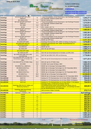 Pischlach 6, D-82389 Böbing
Tel.: +49 (0)8867/919 688 0
info@nels24.de
info@new-energy-light-solutions.com
www.new-energy-light-solutions.com
S. 15 Finanzamt Garmisch-Partenkirchen
UST-ID-Nr: DE238049655
Inhaber: Jutta Hertel
Gültig ab 30.07.2019
.02.2019
.11.2018
..05.2018
SolarEdge
SE10K SETAPP (WITHOUT
DISPLAY)
10
**keine Kompatibilität mit den Smart-Home- oder StorEdge-Produkten
von Solaredge, Software-Update folgt** 1.255,27 €
SolarEdge SE-10000-E-3PH 10 SE10K E-Series 3ph 1.274,73 €
SolarEdge
SE12,5K SETAPP (WITHOUT
DISPLAY)
12,5
**keine Kompatibilität mit den Smart-Home- oder StorEdge-Produkten
von Solaredge, Software-Update folgt** 1.275,95 €
SolarEdge SE-12500 12,5 SE12.5K 3ph 1.323,51 €
SolarEdge SE15K 15 3PH, 15.0kW, (-20 ° C) 1.114,43 €
SolarEdge
SE15K SETAPP (WITHOUT
DISPLAY)
15
**keine Kompatibilität mit den Smart-Home- oder StorEdge-Produkten
von Solaredge, Software-Update folgt** 1.080,66 €
SolarEdge
SE16K SETAPP (WITHOUT
DISPLAY)
16
**keine Kompatibilität mit den Smart-Home- oder StorEdge-Produkten
von Solaredge, Software-Update folgt** 1.092,56 €
SolarEdge SE17K 17 3PH, 17.0kW, (-20 ° C) 1.107,45 €
SolarEdge
SE17K SETAPP (WITHOUT
DISPLAY)
17
**keine Kompatibilität mit den Smart-Home- oder StorEdge-Produkten
von Solaredge, Software-Update folgt** 1.107,45 €
SolarEdge SE-25000-APP 25 SE25K 3ph APP Basic 1.377,16 €
SolarEdge SE-25000-APP-GSM 25 SolarEdge Wechselrichter 3PH, 25KW mit SetApp-Konfiguration 1.478,98 €
SolarEdge
SE-25000-APP-SPD-DC
Sicherheitsschalter
25
SolarEdge Wechselrichter 3PH, 25KW; Sicherheitseinheit mit
Schalter, SPD 1.629,02 €
SolarEdge SE-25000-D2 25 SE25K 3ph D2 1.695,41 €
SolarEdge SE-27600-APP 27,6 SE27.6K 3ph APP Basic 1.409,31 €
SolarEdge SE-27600-APP-GSM 27,6 1.511,13 €
SolarEdge SE-27600-D4-APP 27,6 SE27.6K 3ph Sicherheitseinheit mit Schalter und SPD, MC4 1.728,55 €
SolarEdge
SE-27600-APP-GSM, DCD, SPD
und Sicherung
27,6 SE27.6K 3ph GSM, DCD, SPD und Sicherung 1.779,06 €
SolarEdge
SE-27600-APP-3PH, 27,6 kW, DC-
Sicherheitseinheit mit Schalter und
SPD,
27,6 SE27.6K 3ph DC-Sicherheitseinheit mit Schalter und SPD, 1.677,25 €
SolarEdge SE-33300-APP-für 277/480-V-Netz 33,3 SE33,3K 3ph für 277/480-V-Netz 1.564,72 €
SolarEdge SE-33300 33,3 33,300W; 3ph Inverter N2 Basic; 480V 1.825,55 €
SolarEdge SE-50000-FULL (GB/HU/IL) 50 SE50K 3ph mit Synergie-Technologie (MC4) 2.790,95 €
SolarEdge SE-50000-DCSS-FULL 50 SE50K 3ph mit Synergie-Technologie incl. DC Freischalter (MC4) 2.859,02 €
SolarEdge SE-55000-FULL 55 SE55K 3ph mit Synergie-Technologie (MC4) 2.845,42 €
SolarEdge SE-55000-DCSS-FULL 55 SE55K 3ph mit Synergie-Technologie incl. DC Freischalter (MC4) 2.913,35 €
SolarEdge SE-82800-FULL 82,8 SE82.8K 3ph mit Synergie-Technologie (MC4) 4.238,00 €
SolarEdge SE-82800-DCSS-FULL 82,8 SE82.8K 3ph mit Synergie-Technologie incl. DC Freischalter (MC4) 2.559,06 €
SOLAREDGE SESTI-S1 Interface für 1PH Wechselrichter mit LG Chem RESU 7H Batterie 554,49 €
SOLAREDGE SESTI-S2 Interface für 1PH Wechselrichter mit LG Chem RESU 10H Batterie 724,53 €
SOLAREDGE SESTI-S4 Interface für 1PH Wechselrichter mit LG Chem RESU 7+10H Batterie 724,53 €
SOLAREDGE
SolarEdge SMI-35-3C-01 Safety und
Monitoring Interface 3
Solaredge Safety und Monitoring Interface 35A Die
Schnittstelleneinheit erfasst Leistungsdaten des Moduls, die von
jedem Leistungsoptimierer gemessen werden, und überträgt die Daten
auf den Monitoring-Server von SolarEdge.
440,00 €
SOLAREDGE
SolarEdge 3kW Smart Energy
Heißwasser
3kW Immersion Heater Controller 372,71 €
SOLAREDGE Optimizer u. Zubehör u. WR Leistungsoptimierer Auf Anfrage
SolarMax 1000SP 1 454,96 €
SolarMax 1500SP 1,5 464,64 €
SolarMax 2000SP 2 484,00 €
SolarMax 2500SP 2,5 532,40 €
SolarMax 3000SP 3 580,80 €
SolarMax 3600SP 3,6 605,00 €
SolarMax 4000SP 4 629,20 €
SolarMax 4600SP 4,6 689,70 €
SolarMax 5000SP 5 701,80 €
SolarMax 5TP2 5 1.064,12 €
SolarMax 6TP2 6 1.083,59 €
SolarMax 7TP2 7 1.343,23 €
 
