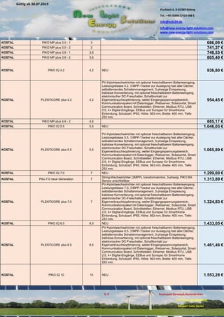 Pischlach 6, D-82389 Böbing
Tel.: +49 (0)8867/919 688 0
info@nels24.de
info@new-energy-light-solutions.com
www.new-energy-light-solutions.com
S. 9 Finanzamt Garmisch-Partenkirchen
UST-ID-Nr: DE238049655
Inhaber: Jutta Hertel
Gültig ab 30.07.2019
.02.2019
.11.2018
..05.2018
KOSTAL PIKO MP plus 3.0 - 1 3 686,09 €
KOSTAL PIKO MP plus 3.0 - 2 3 741,37 €
KOSTAL PIKO MP plus 3.6 - 1 3,6 748,53 €
KOSTAL PIKO MP plus 3.6 - 2 3,6 805,40 €
KOSTAL PIKO IQ 4.2 4,2 NEU 936,80 €
KOSTAL PLENTICORE plus 4.2 4,2
PV-Hybridwechselrichter mit optional freischaltbarem Batterieeingang,
Leistungsklasse 4.2, 3 MPP-Tracker zur Auslegung fast aller Dächer,
selbstlernendes Schattenmanagement, 3-phasige Einspeisung,
trafolose Konvertierung, mit optional freischaltbarem Batterieeingang,
elektronischer DC-Freischalter, Schaltkontakt zur
Eigenverbrauchsoptimierung, weiter Eingangsspannungsbereich,
Kommunikationspaket mit Datenlogger, Webserver, Solarportal, Smart
Communication Board, Schnittstellen: Ethernet, Modbus RTU, USB
2.0, 4× Digital-Eingänge, EEBus und Sunspec für SmartHome
Einbindung, Schutzart: IP65, Höhe: 563 mm, Breite: 405 mm, Tiefe:
233 mm.
954,45 €
KOSTAL PIKO MP plus 4.6 - 2 4,6 885,17 €
KOSTAL PIKO IQ 5.5 5,5 NEU 1.046,03 €
KOSTAL PLENTICORE plus 5.5 5,5
PV-Hybridwechselrichter mit optional freischaltbarem Batterieeingang,
Leistungsklasse 5.5, 3 MPP-Tracker zur Auslegung fast aller Dächer,
selbstlernendes Schattenmanagement, 3-phasige Einspeisung,
trafolose Konvertierung, mit optional freischaltbarem Batterieeingang,
elektronischer DC-Freischalter, Schaltkontakt zur
Eigenverbrauchsoptimierung, weiter Eingangsspannungsbereich,
Kommunikationspaket mit Datenlogger, Webserver, Solarportal, Smart
Communication Board, Schnittstellen: Ethernet, Modbus RTU, USB
2.0, 4× Digital-Eingänge, EEBus und Sunspec für SmartHome
Einbindung, Schutzart: IP65, Höhe: 563 mm, Breite: 405 mm, Tiefe:
233 mm.
1.065,89 €
KOSTAL PIKO IQ 7.0 7 NEU 1.299,69 €
KOSTAL Piko 7.0 neue Generation 7
String-Wechselrichter (2MPP), transformatorlos, 3-phasig; PIKO BA
Sensor anschließbar 1.313,89 €
KOSTAL PLENTICORE plus 7.0 7
PV-Hybridwechselrichter mit optional freischaltbarem Batterieeingang,
Leistungsklasse 7.0, 3 MPP-Tracker zur Auslegung fast aller Dächer,
selbstlernendes Schattenmanagement, 3-phasige Einspeisung,
trafolose Konvertierung, mit optional freischaltbarem Batterieeingang,
elektronischer DC-Freischalter, Schaltkontakt zur
Eigenverbrauchsoptimierung, weiter Eingangsspannungsbereich,
Kommunikationspaket mit Datenlogger, Webserver, Solarportal, Smart
Communication Board, Schnittstellen: Ethernet, Modbus RTU, USB
2.0, 4× Digital-Eingänge, EEBus und Sunspec für SmartHome
Einbindung, Schutzart: IP65, Höhe: 563 mm, Breite: 405 mm, Tiefe:
233 mm.
1.324,83 €
KOSTAL PIKO IQ 8.5 8,5 NEU 1.433,05 €
KOSTAL PLENTICORE plus 8.5 8,5
PV-Hybridwechselrichter mit optional freischaltbarem Batterieeingang,
Leistungsklasse 8.5, 3 MPP-Tracker zur Auslegung fast aller Dächer,
selbstlernendes Schattenmanagement, 3-phasige Einspeisung,
trafolose Konvertierung, mit optional freischaltbarem Batterieeingang,
elektronischer DC-Freischalter, Schaltkontakt zur
Eigenverbrauchsoptimierung, weiter Eingangsspannungsbereich,
Kommunikationspaket mit Datenlogger, Webserver, Solarportal, Smart
Communication Board, Schnittstellen: Ethernet, Modbus RTU, USB
2.0, 4× Digital-Eingänge, EEBus und Sunspec für SmartHome
Einbindung, Schutzart: IP65, Höhe: 563 mm, Breite: 405 mm, Tiefe:
233 mm.
1.461,46 €
KOSTAL PIKO IQ 10 10 NEU 1.553,28 €
 