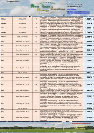 Pischlach 6, D-82389 Böbing
Tel.: +49 (0)8867/919 688 0
info@nels24.de
info@new-energy-light-solutions.com
www.new-energy-light-solutions.com
S. 12 Finanzamt Garmisch-Partenkirchen
UST-ID-Nr: DE238049655
Inhaber: Jutta Hertel
Gültig ab 27.08.2019
.02.2019
.11.2018
..05.2018
REFUsol REFUsol 10k 10
Datenlogger zur kostenlosen Überwachung bereits integriert; REFUsol erfüllt
die IP65 Schutzart, wird passiv gekühlt und ist somit wartungsfrei; REFUlog
ist kostenlos und erfasst die Daten von beliebig vielen Wechselrichtern.
1.769,14 €
REFUsol REFUsol 13k 13
Datenlogger zur kostenlosen Überwachung bereits integriert; REFUsol erfüllt
die IP65 Schutzart, wird passiv gekühlt und ist somit wartungsfrei; REFUlog
ist kostenlos und erfasst die Daten von beliebig vielen Wechselrichtern.
1.822,14 €
REFUsol REFUsol 17k 17
Datenlogger zur kostenlosen Überwachung bereits integriert; REFUsol erfüllt
die IP65 Schutzart, wird passiv gekühlt und ist somit wartungsfrei; REFUlog
ist kostenlos und erfasst die Daten von beliebig vielen Wechselrichtern.
1.949,34 €
REFUsol REFUsol 20k 20
Datenlogger zur kostenlosen Überwachung bereits integriert; REFUsol erfüllt
die IP65 Schutzart, wird passiv gekühlt und ist somit wartungsfrei; REFUlog
ist kostenlos und erfasst die Daten von beliebig vielen Wechselrichtern.
2.044,74 €
REFUsol REFUsol 40k(G2) 40
Datenlogger zur kostenlosen Überwachung bereits integriert; REFUsol erfüllt
die IP65 Schutzart, wird passiv gekühlt und ist somit wartungsfrei; REFUlog
ist kostenlos und erfasst die Daten von beliebig vielen Wechselrichtern.
2.781,45 €
SMA Sunny Boy 1,5-1VL-40 1,5
Pac,r = 1500 W / Sac,max. = 1500 VA; transformatorlos; einphasig
einspeisend; mit integrierter WLAN und Speedwire/Webconnect
Kommunikationsschnittstelle; DC-Anschluss SUNCLIX; inkl. DC-Freischalter;
460,90 €
SMA Sunny Boy 2.0-1VL-40 2
Pac,r = 2500 W / Sac,max. = 1500 VA; transformatorlos; einphasig
einspeisend; mit integrierter WLAN und Speedwire/Webconnect
Kommunikationsschnittstelle; DC-Anschluss SUNCLIX; inkl. DC-Freischalter;
544,50 €
SMA Sunny Boy 2.5-1VL-40 2,5
Pac,r = 2500 W / Sac,max. = 1500 VA; transformatorlos; einphasig
einspeisend; mit integrierter WLAN und Speedwire/Webconnect
Kommunikationsschnittstelle; DC-Anschluss SUNCLIX; inkl. DC-Freischalter;
620,40 €
SMA Sunny Boy Storage 2.5 2,5
Der Sunny Boy Storage ist der Batterie-Wechselrichter für Hochvolt-
Batterien aller namhaften Hersteller. Mit einer Lade- und Entladeleistung von
2,5 kW ist er ideal auf den Strombedarf im Privathaushalt abgestimmt.
808,50 €
SMA Sunny Boy 3.0-1AV-40 3
Einphasigen Netzeinspeisung, 3.0 kW/3.0 kVA, transformatorlos; einphasig
einspeisend; WLAN und Speedwire/Webconnect inkl. SMA Modbus und
SunSpec Prot integrierter Webserver, Service Packet: SMA Smart
Connected; Multi-String-Funktion, DC-Anschluss SUNCLIX; inkl. DC-
Freischalter;
561,83 €
SMA Sunny Boy 3.0-1AV-41 3
Einphasigen Netzeinspeisung, 3.0 kW/3.0 kVA, transformatorlos; einphasig
einspeisend; WLAN und Speedwire/Webconnect inkl. SMA Modbus und
SunSpec Prot integrierter Webserver, Service Packet: SMA Smart
Connected; Multi-String-Funktion, DC-Anschluss SUNCLIX; inkl. DC-
Freischalter;
693,00 €
SMA STP 3.0 -3AV-40 3 846,37 €
SMA Sunny Boy 3.6-1AV-40 3,6
Einphasigen Netzeinspeisung, 3.68 kW/3.68 kVA, transformatorlos;
einphasig einspeisend; WLAN und Speedwire/Webconnect inkl. SMA
Modbus und SunSpec Prot integrierter Webserver, Service Packet: SMA
Smart Connected; Multi-String-Funktion, DC-Anschluss SUNCLIX; inkl. DC-
Freischalter;
731,50 €
SMA Sunny Boy 3.6-1AV-41 3,6
Einphasigen Netzeinspeisung, 3.68 kW/3.68 kVA, transformatorlos;
einphasig einspeisend; WLAN und Speedwire/Webconnect inkl. SMA
Modbus und SunSpec Prot integrierter Webserver, Service Packet: SMA
Smart Connected; Multi-String-Funktion, DC-Anschluss SUNCLIX; inkl. DC-
Freischalter;
739,20 €
SMA Sunny Boy Storage 3.7 3,7
Der Sunny Boy Storage ist der Batterie-Wechselrichter für Hochvolt-
Batterien aller namhaften Hersteller. Mit einer Lade- und Entladeleistung von
3,7 kW ist er ideal auf den Strombedarf im Privathaushalt abgestimmt.
1.246,56 €
SMA Sunny Boy 4.0-1AV-40 4
Einphasigen Netzeinspeisung, 4.0 kW/4.0 kVA, transformatorlos; einphasig
einspeisend; WLAN und Speedwire/Webconnect inkl. SMA Modbus und
SunSpec Prot integrierter Webserver, Service Packet: SMA Smart
Connected; Multi-String-Funktion, DC-Anschluss SUNCLIX; inkl. DC-
Freischalter;
628,65 €
SMA Sunny Boy 4.0-1AV-41 4
Einphasigen Netzeinspeisung, 4.00 kW/4.00 kVA, transformatorlos;
einphasig einspeisend; WLAN und Speedwire/Webconnect inkl. SMA
Modbus und SunSpec Prot integrierter Webserver, Service Packet: SMA
Smart Connected; Multi-String-Funktion, DC-Anschluss SUNCLIX; inkl. DC-
Freischalter;
775,50 €
SMA STP 4.0 -3AV-40 4 911,64 €
SMA Sunny Island SI4.4M-12 4,2
Bidirektionaler Batteriewechselrichter, 30min-Leistung 4,4 kW,
Bemessungsleistung 3,3kW, Batteriespannung: 48V, externer Batteriesonsor
(Pflichtteil); Kurzzeitige Spitzenlast 500W
1.683,28 €
SMA Sunny Boy 5.0-1AV-40 5
Einphasigen Netzeinspeisung, 5.0 kW/5.0 kVA, transformatorlos; einphasig
einspeisend; WLAN und Speedwire/Webconnect inkl. SMA Modbus und
SunSpec Prot integrierter Webserver, Service Packet: SMA Smart
Connected; Multi-String-Funktion, DC-Anschluss SUNCLIX; inkl. DC-
Freischalter;
823,90 €
 