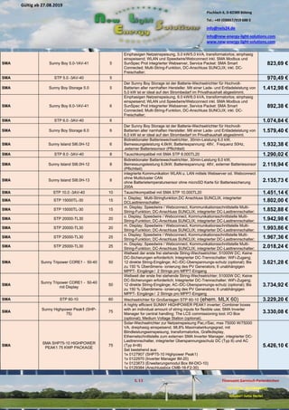 Pischlach 6, D-82389 Böbing
Tel.: +49 (0)8867/919 688 0
info@nels24.de
info@new-energy-light-solutions.com
www.new-energy-light-solutions.com
S. 13 Finanzamt Garmisch-Partenkirchen
UST-ID-Nr: DE238049655
Inhaber: Jutta Hertel
Gültig ab 27.08.2019
.02.2019
.11.2018
..05.2018
SMA Sunny Boy 5.0-1AV-41 5
Einphasigen Netzeinspeisung, 5.0 kW/5.0 kVA, transformatorlos; einphasig
einspeisend; WLAN und Speedwire/Webconnect inkl. SMA Modbus und
SunSpec Prot integrierter Webserver, Service Packet: SMA Smart
Connected; Multi-String-Funktion, DC-Anschluss SUNCLIX; inkl. DC-
Freischalter;
823,69 €
SMA STP 5.0 -3AV-40 5 970,49 €
SMA Sunny Boy Storage 5.0 5
Der Sunny Boy Storage ist der Batterie-Wechselrichter für Hochvolt-
Batterien aller namhaften Hersteller. Mit einer Lade- und Entladeleistung von
5,0 kW ist er ideal auf den Strombedarf im Privathaushalt abgestimmt.
1.412,98 €
SMA Sunny Boy 6.0-1AV-41 6
Einphasigen Netzeinspeisung, 6.0 kW/6.0 kVA, transformatorlos; einphasig
einspeisend; WLAN und Speedwire/Webconnect inkl. SMA Modbus und
SunSpec Prot integrierter Webserver, Service Packet: SMA Smart
Connected; Multi-String-Funktion, DC-Anschluss SUNCLIX; inkl. DC-
Freischalter;
892,38 €
SMA STP 6.0 -3AV-40 6 1.074,84 €
SMA Sunny Boy Storage 6.0 6
Der Sunny Boy Storage ist der Batterie-Wechselrichter für Hochvolt-
Batterien aller namhaften Hersteller. Mit einer Lade- und Entladeleistung von
6,0 kW ist er ideal auf den Strombedarf im Privathaushalt abgestimmt.
1.579,40 €
SMA Sunny Island SI6.0H-12 6
Bidirektionaler Batteriewechselrichter, 30min-Leistung 6,0 kW,
Bemessungsleistung 4,6kW, Batteriespannung: 48V, Frequenz 50Hz,
,externer Batteriesonsor (Pflichtteil)
1.932,38 €
SMA STP 8.0 -3AV-40 8 Tauschkompatibel mit SMA STP 8.000TL20 1.290,02 €
SMA Sunny Island SI8.0H-12 8
Bidirektionaler Batteriewechselrichter, 30min-Leistung 8,0 kW,
Bemessungsleistung 6,0kW, Batteriespannung: 48V, externer Batteriesonsor
(Pflichtteil)
2.118,94 €
SMA Sunny Island SI8.0H-13 8
integrierte Kommunikation WLAN u. LAN mittels Webserver od. Webconnect
ohne Multicluster CAN
ohne Batterietemperatursensor ohne microSD Karte für Batteriesicherung
200A
2.135,73 €
SMA STP 10.0 -3AV-40 10 Tauschkompatibel mit SMA STP 10.000TL20 1.451,14 €
SMA STP 15000TL-30 15
o. Display; Multi-Stringfunktion,DC Anschluss SUNCLIX, integrierter
DCLasttrennschalter; 1.802,00 €
SMA STP 15000TL-30 15
m. Display; Speedwire / Webconnect, Kommunikationsschnittstelle Multi-
String-Funktion; DC-Anschluss SUNCLIX; integrierter DC-Lasttrennschalter; 1.852,88 €
SMA STP 20000-TL30 20
o. Display; Speedwire / Webconnect, Kommunikationsschnittstelle Multi-
String-Funktion; DC-Anschluss SUNCLIX; integrierter DC-Lasttrennschalter; 1.942,98 €
SMA STP 20000-TL30 20
m. Display; Speedwire / Webconnect, Kommunikationsschnittstelle Multi-
String-Funktion; DC-Anschluss SUNCLIX; integrierter DC-Lasttrennschalter; 1.993,86 €
SMA STP 25000-TL30 25
o. Display; Speedwire / Webconnect, Kommunikationsschnittstelle Multi-
String-Funktion; DC-Anschluss SUNCLIX; integrierter DC-Lasttrennschalter; 1.967,36 €
SMA STP 25000-TL30 25
m. Display; Speedwire / Webconnect, Kommunikationsschnittstelle Multi-
String-Funktion; DC-Anschluss SUNCLIX; integrierter DC-Lasttrennschalter; 2.018,24 €
SMA Sunny Tripower CORE1 - 50-40 50
Weltweit der erste frei stehende String-Wechselrichter; 51000W DC; Keine
DC-Sicherungen erforderlich; Integrierter DC-Trennschalter; WiFi-Zugang;
12 direkte String-Eingänge; AC-/DC-Überspannungs-schutz (optional); Bis
zu 150 % Überdimens- ionierung des PV Generators; 6 unabhängigen
MPPT- Eingänge /  2 Strings pro MPPT-Eingang
3.621,28 €
SMA
Sunny Tripower CORE1 - 50-40
mit Display
50
Weltweit der erste frei stehende String-Wechselrichter; 51000W DC; Keine
DC-Sicherungen erforderlich; Integrierter DC-Trennschalter; WiFi-Zugang;
12 direkte String-Eingänge; AC-/DC-Überspannungs-schutz (optional); Bis
zu 150 % Überdimens- ionierung des PV Generators; 6 unabhängigen
MPPT- Eingänge /  2 Strings pro MPPT-Eingang
3.734,92 €
SMA STP 60-10 60 Wechselrichter für Großanlagen STP 60-10 (ehem. MLX 60) 3.229,20 €
SMA
Sunny Highpower Peak1 (SHP-
75)
75
A highly efficient SUNNY HIGHPOWER PEAK1 inverter; Combiner boxes
with an individual amount of string inputs for flexible use; SMA Inverter
Manager for central handling; The LCS commissioning tool; I/O Box
(optional); Medium Voltage Station (optional).
3.330,08 €
SMA
SMA SHP75-10 HIGHPOWER
PEAK1 75 KWP PACKAGE
75
Solar-Wechselrichter zur Netzeinspeisung Pac,r/Sac, max 75000 W/75000
VA, dreiphasig einspeisend, 98,8% Maximalwirkungsgrad, mit
Blindleistungseinspeisung, transformatorlos, Grafikdisplay,
Ethernetschnittstelle zum externen SMA Inverter Manager, integrierter DC-
Lasttrennschalter, integrierter Überspannungsschutz DC (Typ II) und AC
(Typ II+III)
Set bestehend aus:
1x 0127907 (SHP75-10 Highpower Peak1)
1x 0122970 (Inverter Manager IM-20)
1x 0123873 (Erweiterungsmodul Box IM-DIO-10)
1x 0129384 (Anschlussbox CMB-16-F2-30)
5.426,10 €
 