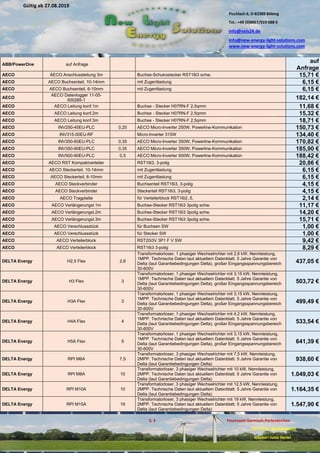 Pischlach 6, D-82389 Böbing
Tel.: +49 (0)8867/919 688 0
info@nels24.de
info@new-energy-light-solutions.com
www.new-energy-light-solutions.com
S. 4 Finanzamt Garmisch-Partenkirchen
UST-ID-Nr: DE238049655
Inhaber: Jutta Hertel
Gültig ab 27.08.2019
.02.2019
.11.2018
..05.2018
ABB/PowerOne auf Anfrage
auf
Anfrage
AECO AECO Anschlussleitung 3m Buchse-Schukostecker RST16i3 schw. 15,71 €
AECO AECO Buchsenteil, 10-14mm mit Zugentlastung 6,15 €
AECO AECO Buchsenteil, 6-10mm mit Zugentlastung 6,15 €
AECO
AECO Datenlogger 11-05-
500285-1 182,14 €
AECO AECO Leitung konf.1m Buchse - Stecker H07RN-F 2,5qmm 11,68 €
AECO AECO Leitung konf.2m Buchse - Stecker H07RN-F 2,5qmm 15,32 €
AECO AECO Leitung konf.3m Buchse - Stecker H07RN-F 2,5qmm 18,71 €
AECO INV250-45EU-PLC 0,25 AECO Micro-Inverter 250W, Powerline-Kommunikation 150,73 €
AECO INV315-50EU-RF Micro-Inverter 315W 134,40 €
AECO INV350-60EU-PLC 0,35 AECO Micro-Inverter 350W, Powerline-Kommunikation 170,82 €
AECO INV350-90EU-PLC 0,35 AECO Micro-Inverter 350W, Powerline-Kommunikation 185,90 €
AECO INV500-90EU-PLC 0,5 AECO Micro-Inverter 500W, Powerline-Kommunikation 188,42 €
AECO AECO RST Kompaktverteiler RST16i3, 3-polig 20,86 €
AECO AECO Steckerteil, 10-14mm mit Zugentlastung 6,15 €
AECO AECO Steckerteil, 6-10mm mit Zugentlastung 6,15 €
AECO AECO Steckverbinder Buchsenteil RST16i3, 3-polig 4,15 €
AECO AECO Steckverbinder Steckerteil RST16i3, 3-polig 4,15 €
AECO AECO Tragplatte für Verteilerblock RST16i2..5, 2,14 €
AECO AECO Verlängerungsl.1m Buchse-Stecker RST16i3 3polig schw. 11,17 €
AECO AECO Verlängerungsl.2m Buchse-Stecker RST16i3 3polig schw. 14,20 €
AECO AECO Verlängerungsl.3m Buchse-Stecker RST16i3 3polig schw. 15,71 €
AECO AECO Verschlussstück für Buchsen SW 1,00 €
AECO AECO Verschlussstück für Stecker SW 1,00 €
AECO AECO Verteilerblock RST20i3V 3P1 F V SW 9,42 €
AECO AECO Verteilerblock RST16i3 3-polig 8,29 €
DELTA Energy H2,5 Flex 2,6
Transformatorloser, 1 phasiger Wechselrichter mit 2,6 kW, Nennleistung,
1MPP. Technische Daten laut aktuellem Datenblatt. 5 Jahre Garantie von
Delta (laut Garantiebedingungen Delta), großer Eingangsspannungsbereich
30-600V
437,05 €
DELTA Energy H3 Flex 3
Transformatorloser, 1 phasiger Wechselrichter mit 3,15 kW, Nennleistung,
1MPP. Technische Daten laut aktuellem Datenblatt. 5 Jahre Garantie von
Delta (laut Garantiebedingungen Delta), großer Eingangsspannungsbereich
30-600V
503,72 €
DELTA Energy H3A Flex 3
Transformatorloser, 1 phasiger Wechselrichter mit 3,15 kW, Nennleistung,
1MPP. Technische Daten laut aktuellem Datenblatt. 5 Jahre Garantie von
Delta (laut Garantiebedingungen Delta), großer Eingangsspannungsbereich
30-600V
499,49 €
DELTA Energy H4A Flex 4
Transformatorloser, 1 phasiger Wechselrichter mit 4,2 kW, Nennleistung,
1MPP. Technische Daten laut aktuellem Datenblatt. 5 Jahre Garantie von
Delta (laut Garantiebedingungen Delta), großer Eingangsspannungsbereich
30-600V
533,54 €
DELTA Energy H5A Flex 5
Transformatorloser, 1 phasiger Wechselrichter mit 3,15 kW, Nennleistung,
1MPP. Technische Daten laut aktuellem Datenblatt. 5 Jahre Garantie von
Delta (laut Garantiebedingungen Delta), großer Eingangsspannungsbereich
30-600V
641,39 €
DELTA Energy RPI M6A 7,5
Transformatorloser, 3 phasiger Wechselrichter mit 7,5 kW, Nennleistung,
2MPP. Technische Daten laut aktuellem Datenblatt. 5 Jahre Garantie von
Delta (laut Garantiebedingungen Delta)
938,60 €
DELTA Energy RPI M8A 10
Transformatorloser, 3 phasiger Wechselrichter mit 10 kW, Nennleistung,
2MPP. Technische Daten laut aktuellem Datenblatt. 5 Jahre Garantie von
Delta (laut Garantiebedingungen Delta)
1.049,03 €
DELTA Energy RPI M10A 10
Transformatorloser, 3 phasiger Wechselrichter mit 12,5 kW, Nennleistung,
2MPP. Technische Daten laut aktuellem Datenblatt. 5 Jahre Garantie von
Delta (laut Garantiebedingungen Delta)
1.164,35 €
DELTA Energy RPI M15A 19
Transformatorloser, 3 phasiger Wechselrichter mit 19 kW, Nennleistung,
2MPP. Technische Daten laut aktuellem Datenblatt. 5 Jahre Garantie von
Delta (laut Garantiebedingungen Delta)
1.547,90 €
 