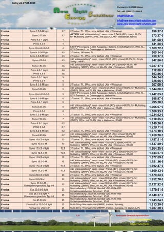Pischlach 6, D-82389 Böbing
Tel.: +49 (0)8867/919 688 0
info@nels24.de
info@new-energy-light-solutions.com
www.new-energy-light-solutions.com
S. 6 Finanzamt Garmisch-Partenkirchen
UST-ID-Nr: DE238049655
Inhaber: Jutta Hertel
Gültig ab 27.08.2019
.02.2019
.11.2018
..05.2018
Fronius Symo 3.7-3-M light 3,7 2 Tracker, TL, 3Phs., ohne WLAN, LAN + Webserver 896,37 €
Fronius Symo 3.7-3-M 3,7
AKTION! inkl. Vollausstattung*; nenn + max 3,7kVA (AC); (max)= 98,0%;
M= Multistring (2MPP), 3Phs., mit WLAN, LAN + Webserver, RS485 973,37 €
Fronius Primo 4.0-1 Light 4 781,08 €
Fronius Primo 4.0-1 4 841,58 €
Fronius Symo Hybrid 4.0-3-S 4
6,5kW PV Eingang, 4,0kW Ausgang z. Batterie, 645x431x204mm, IP65, TL,
DCV-Trennsch., m. Datenlogger u. Webserver 1.369,72 €
Fronius Symo 4.5-3-S light 4,5 2 Tracker, 3Phasen, TL 900,14 €
Fronius Symo 4.5-3-M light 4,5 2 Tracker, TL, 3Phs., ohne WLAN, LAN + Webserver 950,17 €
Fronius Symo 4.5-3-S 4,5
inkl. Vollausstattung*; nenn + max 4,5kVA (AC); η(max)=98,0%; S = Single
String (1MPP) 947,80 €
Fronius Symo 4.5-3-M 4,5
inkl. Vollausstattung*; nenn + max 4,5kVA (AC); η(max)= 98,0%; M=
Multistring (2MPP), 3Phs., mit WLAN, LAN + Webserver, RS485 1.027,17 €
Fronius Primo 4.6-1 Light 4,6 812,00 €
Fronius Primo 4.6-1 4,6 893,86 €
Fronius Primo 5.0-1 Light 5 844,14 €
Fronius Primo 5.0-1 5 925,95 €
Fronius Symo 5.0-3-M light 5 2 Tracker, TL, 3Phs., ohne WLAN, LAN + Webserver 967,09 €
Fronius Symo 5.0-3-M 5
inkl. Vollausstattung*; nenn + max 5kVA (AC); η(max)=98,0%; M= Multistring
(2MPP), 3Phs., mit WLAN, LAN + Webserver, RS485 1.044,08 €
Fronius Symo Hybrid 5.0-3-S 5
8,0kW PV Eingang, 5,0kW Ausgang z. Batterie, 645x431x204mm, IP65, TL,
DCV-Trennsch., m. Datenlogger u. Webserver 1.442,65 €
Fronius Symo 6.0-3-M light 6 2 Tracker, TL, 3Phs., ohne WLAN, LAN + Webserver 988,97 €
Fronius Primo 6.0-1 Light 6 995,20 €
Fronius Symo 6.0-3-M 6
inkl. Vollausstattung*; nenn + max 6kVA (AC); η(max)=98,0%; M= Multistring
(2MPP), 3Phs., mit WLAN, LAN + Webserver, RS485 1.065,97 €
Fronius Primo 6.0-1 6 1.066,93 €
Fronius Symo 7.0-3-M light 7 2 Tracker, TL, 3Phs., ohne WLAN, LAN + Webserver 1.234,62 €
Fronius Symo 7.0-3-M 7
inkl. Vollausstattung*; nenn + max 7kVA (AC); η(max)=98,0%; M= Multistring
(2MPP), 3Phs., mit WLAN, LAN + Webserver, RS485 1.310,85 €
Fronius Primo 8.2-1 Light 8,2 1.149,26 €
Fronius Primo 8.2-1 8,2 1.229,71 €
Fronius Symo 8.2-3-M light 8,2 2 Tracker, TL, 3Phs., ohne WLAN, LAN + Webserver 1.374,10 €
Fronius Symo 8.2-3-M 8,2
inkl. Vollausstattung*; nenn + max 8,2kVA (AC); η(max)=98,0%; M=
Multistring (2MPP), 3Phs., mit WLAN, LAN + Webserver, RS485 1.450,38 €
Fronius Symo 10.0-3-M light 10 2 Tracker, TL, 3Phs., ohne WLAN, LAN + Webserver 1.457,51 €
Fronius Symo 10.0-3-M 10
inkl. Vollausstattung*; nenn + max 10kVA (AC); η(max)=98,0%; M=
Multistring (2MPP), 3Phs., mit WLAN, LAN + Webserver, RS485 1.537,80 €
Fronius Symo 12.5-3-M light 12,5 2 Tracker, TL, 3Phs., ohne WLAN, LAN + Webserver 1.664,35 €
Fronius Symo 12,5-3-M 12,5
inkl. Vollausstattung*; nenn + max 12,5kVA (AC); η(max)=98,0%; M=
Multistring (2MPP), 3Phs., mit WLAN, LAN + Webserver, RS485 1.744,57 €
Fronius Symo 15.0-3-M light 15 2 Tracker, TL, 3Phs., ohne WLAN, LAN + Webserver 1.677,69 €
Fronius Symo 15.0-3-M 15
inkl. Vollausstattung*; nenn + max 15,0kVA (AC); η(max)=98,0%; M=
Multistring (2MPP), 3Phs., mit WLAN, LAN + Webserver, RS485 1.751,16 €
Fronius Symo 17.5-3-M light 17,5 2 Tracker, TL, 3Phs., ohne WLAN, LAN + Webserver 1.792,47 €
Fronius Symo 17,5-3-M 17,5
inkl. Vollausstattung*; nenn + max 17,5kVA (AC); η(max)=98,1%; M=
Multistring (2MPP), 3Phs., mit WLAN, LAN + Webserver, RS485 1.869,13 €
Fronius Symo 20.0-3-M light 20 2 Tracker, TL, 3Phs., ohne WLAN, LAN + Webserver 1.879,23 €
Fronius Symo 20.0-3-M 20
inkl. Vollausstattung*; nenn + max 20,0kVA (AC); η(max)=98,1%; M=
Multistring (2MPP), 3Phs., mit WLAN, LAN + Webserver, RS485 1.952,70 €
Fronius
Symo 20.0-3-M +
Überspannungsschutz Typ I+II
20
inkl. Vollausstattung*; nenn + max 20,0kVA (AC); η(max)=98,1%; M=
Multistring (2MPP), 3Phs., mit WLAN, LAN + Webserver, RS485 2.127,92 €
Fronius Eco 25.0-3-S light 25
Maximalleistung: 25000 W; Gemäß VDE AR-N-4105
für Netzparallelbetrieb; Schutzart: IP 66 1.870,91 €
Fronius
Eco 25.0-3-S light +
Überspannungsschutz Typ I+II
25
Maximalleistung: 25000 W; Gemäß VDE AR-N-4105
für Netzparallelbetrieb; Schutzart: IP 66 2.048,37 €
Fronius Eco 25.0-3-S 25
Maximalleistung: 25000 W; Gemäß VDE AR-N-4105
für Netzparallelbetrieb; Schutzart: IP 66 1.943,84 €
Fronius Fronius Eco 25.0-3-P light 25 Multi-String-Wechselrichter (1MPP), trafolos, 3-phasig, 1.913,30 €
Fronius Fronius Eco 25.0-3-P 25 Multi-String-Wechselrichter (1MPP), trafolos, 3-phasig, mit WLAN, LAN, 1.987,50 €
 