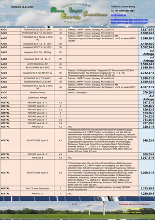 Pischlach 6, D-82389 Böbing
Tel.: +49 (0)8867/919 688 0
info@nels24.de
info@new-energy-light-solutions.com
www.new-energy-light-solutions.com
S. 10 Finanzamt Garmisch-Partenkirchen
UST-ID-Nr: DE238049655
Inhaber: Jutta Hertel
Gültig ab 10.03.2020
.01.2020
.2019
.02.2019
.11.2018
..05.2018
KACO POWADOR 39.0 TL3 TL3-M1 33 Trafolos, 1 MPP-Tracker, 3-phasig, AC 33.300 VA 3.627,94 €
KACO POWADOR 39.0 TL3 TL3-M-INT 33 Trafolos, 3 MPP-Tracker, 3-phasig, AC 33.300 VA 3.500,64 €
KACO
POWADOR 39.0 TL3-XL-F-SPD
1+2
33
Trafolos, 3 MPP-Tracker, 3-phasig, AC 33.300 VA; Mit
Überspannungsschutzeinrichtungen der Klassen 1 und 2 vor jedem MPP-
Tracker
3.840,10 €
KACO blueplanet 50.0 TL3 - B - OD+ 50 3.150,58 €
KACO blueplanet 50.0 TL3 - M - OD+ 50 3.362,74 €
KACO blueplanet 50.0 TL3 - RPOnly 50
auf
Anfrage
KACO blueplanet 50.0 TL3 - XL - F 50
auf
Anfrage
KACO 48.0TL3PARK-M-I NT 40 3.500,64 €
KACO 48.0TL3PARK-XL-F-SPD 40 3.840,10 €
KACO blueplanet 50.0 TL3-M1-INT-XL 50
Trafolos, 10 String-Anschlüsse / integrierter DC Trennschalter / DC-Plus
Strangsicherungen /DC Überspannungsschutz Typ 1 + 2 / AC
Überspannungsschutzbasiselement AC 50.000 VA
2.752,47 €
KACO POWADOR 60.0 TL3-M-INT 49 Trafolos, 3 MPP-Tracker, 3-phasig, AC 49.900 VA 3.988,61 €
KACO POWADOR 60.0 TL3-XL-INT 49 Trafolos, 3 MPP-Tracker, 3-phasig, AC 49.900 VA 3.500,64 €
KACO
POWADOR 60.0 TL3-XL-F-SPD
1+2
49
Trafolos, 3 MPP-Tracker, 3-phasig, AC 49.900 VA; Mit
Überspannungsschutzeinrichtungen der Klassen 1 und 2 vor jedem MPP-
Tracker
4.337,61 €
KACO Powador Protect Mess- u. Steuergerät 379,50 €
KACO Zubehör auf Anfrage
Auf
Anfrage
KOSTAL PIKO MP plus 1.5 - 1 1,5 517,31 €
KOSTAL PIKO MP plus 2.0 - 1 2 569,46 €
KOSTAL PIKO MP plus 2.5 - 1 2,5 620,92 €
KOSTAL PIKO MP plus 3.0 - 1 3 673,06 €
KOSTAL PIKO MP plus 3.0 - 2 3 724,52 €
KOSTAL PIKO MP plus 3.6 - 1 3,6 734,25 €
KOSTAL PIKO MP plus 3.6 - 2 3,6 787,09 €
KOSTAL PIKO IQ 4.2 4,2 NEU 929,31 €
KOSTAL PLENTICORE plus 4.2 4,2
PV-Hybridwechselrichter mit optional freischaltbarem Batterieeingang,
Leistungsklasse 4.2, 3 MPP-Tracker zur Auslegung fast aller Dächer,
selbstlernendes Schattenmanagement, 3-phasige Einspeisung, trafolose
Konvertierung, mit optional freischaltbarem Batterieeingang, elektronischer
DC-Freischalter, Schaltkontakt zur Eigenverbrauchsoptimierung, weiter
Eingangsspannungsbereich, Kommunikationspaket mit Datenlogger,
Webserver, Solarportal, Smart Communication Board, Schnittstellen:
Ethernet, Modbus RTU, USB 2.0, 4× Digital-Eingänge, EEBus und
Sunspec für SmartHome Einbindung, Schutzart: IP65, Höhe: 563 mm,
Breite: 405 mm, Tiefe: 233 mm.
948,23 €
KOSTAL PIKO MP plus 4.6 - 2 4,6 865,05 €
KOSTAL PIKO IQ 5.5 5,5 NEU 1.037,51 €
KOSTAL PLENTICORE plus 5.5 5,5
PV-Hybridwechselrichter mit optional freischaltbarem Batterieeingang,
Leistungsklasse 5.5, 3 MPP-Tracker zur Auslegung fast aller Dächer,
selbstlernendes Schattenmanagement, 3-phasige Einspeisung, trafolose
Konvertierung, mit optional freischaltbarem Batterieeingang, elektronischer
DC-Freischalter, Schaltkontakt zur Eigenverbrauchsoptimierung, weiter
Eingangsspannungsbereich, Kommunikationspaket mit Datenlogger,
Webserver, Solarportal, Smart Communication Board, Schnittstellen:
Ethernet, Modbus RTU, USB 2.0, 4× Digital-Eingänge, EEBus und
Sunspec für SmartHome Einbindung, Schutzart: IP65, Höhe: 563 mm,
Breite: 405 mm, Tiefe: 233 mm.
1.060,51 €
KOSTAL Piko 7.0 neue Generation 7
String-Wechselrichter (2MPP), transformatorlos, 3-phasig; PIKO BA
Sensor anschließbar 1.313,89 €
KOSTAL PIKO IQ 7.0 7 NEU 1.289,80 €
 
