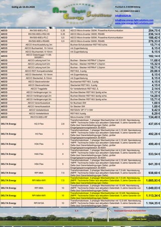 Pischlach 6, D-82389 Böbing
Tel.: +49 (0)8867/919 688 0
info@nels24.de
info@new-energy-light-solutions.com
www.new-energy-light-solutions.com
S. 4 Finanzamt Garmisch-Partenkirchen
UST-ID-Nr: DE238049655
Inhaber: Jutta Hertel
Gültig ab 10.03.2020
.01.2020
.2019
.02.2019
.11.2018
..05.2018
AECO INV350-90EU-PLC 0,35 AECO Micro-Inverter 350W, Powerline-Kommunikation 204,75 €
AECO INV350-90EU-RS4 85 0,35 AECO Micro-Inverter 350W; RS485 236,14 €
AECO INV500-90EU-PLC 0,5 AECO Micro-Inverter 500W, Powerline-Kommunikation 188,42 €
AECO INV500-90EU-RS485 0,5 AECO Micro-Inverter 500W, RS485 276,33 €
AECO AECO Anschlussleitung 3m Buchse-Schukostecker RST16i3 schw. 15,71 €
AECO AECO Buchsenteil, 10-14mm mit Zugentlastung 6,15 €
AECO AECO Buchsenteil, 6-10mm mit Zugentlastung 6,15 €
AECO
AECO Datenlogger 11-05-
500285-1 182,14 €
AECO AECO Leitung konf.1m Buchse - Stecker H07RN-F 2,5qmm 11,68 €
AECO AECO Leitung konf.2m Buchse - Stecker H07RN-F 2,5qmm 15,32 €
AECO AECO Leitung konf.3m Buchse - Stecker H07RN-F 2,5qmm 18,71 €
AECO AECO RST Kompaktverteiler RST16i3, 3-polig 20,86 €
AECO AECO Steckerteil, 10-14mm mit Zugentlastung 6,15 €
AECO AECO Steckerteil, 6-10mm mit Zugentlastung 6,15 €
AECO AECO Steckverbinder Buchsenteil RST16i3, 3-polig 4,15 €
AECO AECO Steckverbinder Steckerteil RST16i3, 3-polig 4,15 €
AECO AECO Tragplatte für Verteilerblock RST16i2..5, 2,14 €
AECO AECO Verlängerungsl.1m Buchse-Stecker RST16i3 3polig schw. 11,17 €
AECO AECO Verlängerungsl.2m Buchse-Stecker RST16i3 3polig schw. 14,20 €
AECO AECO Verlängerungsl.3m Buchse-Stecker RST16i3 3polig schw. 15,71 €
AECO AECO Verschlussstück für Buchsen SW 1,00 €
AECO AECO Verschlussstück für Stecker SW 1,00 €
AECO AECO Verteilerblock RST20i3V 3P1 F V SW 9,42 €
AECO AECO Verteilerblock RST16i3 3-polig 8,29 €
AECO INV315-50EU-RF Micro-Inverter 315W 134,40 €
DELTA Energy H2,5 Flex 2,6
Transformatorloser, 1 phasiger Wechselrichter mit 2,6 kW, Nennleistung,
1MPP. Technische Daten laut aktuellem Datenblatt. 5 Jahre Garantie von
Delta (laut Garantiebedingungen Delta), großer
Eingangsspannungsbereich 30-600V
437,05 €
DELTA Energy H3 Flex 3
Transformatorloser, 1 phasiger Wechselrichter mit 3,15 kW, Nennleistung,
1MPP. Technische Daten laut aktuellem Datenblatt. 5 Jahre Garantie von
Delta (laut Garantiebedingungen Delta), großer
Eingangsspannungsbereich 30-600V
492,28 €
DELTA Energy H3A Flex 3
Transformatorloser, 1 phasiger Wechselrichter mit 3,15 kW, Nennleistung,
1MPP. Technische Daten laut aktuellem Datenblatt. 5 Jahre Garantie von
Delta (laut Garantiebedingungen Delta), großer
Eingangsspannungsbereich 30-600V
499,49 €
DELTA Energy H4A Flex 4
Transformatorloser, 1 phasiger Wechselrichter mit 4,2 kW, Nennleistung,
1MPP. Technische Daten laut aktuellem Datenblatt. 5 Jahre Garantie von
Delta (laut Garantiebedingungen Delta), großer
Eingangsspannungsbereich 30-600V
533,54 €
DELTA Energy H5A Flex 5
Transformatorloser, 1 phasiger Wechselrichter mit 3,15 kW, Nennleistung,
1MPP. Technische Daten laut aktuellem Datenblatt. 5 Jahre Garantie von
Delta (laut Garantiebedingungen Delta), großer
Eingangsspannungsbereich 30-600V
641,39 €
DELTA Energy RPI M6A 7,5
Transformatorloser, 3 phasiger Wechselrichter mit 7,5 kW, Nennleistung,
2MPP. Technische Daten laut aktuellem Datenblatt. 5 Jahre Garantie von
Delta (laut Garantiebedingungen Delta)
938,60 €
DELTA Energy RPI M6A-WiFi 7,5
Transformatorloser, 3 phasiger Wechselrichter mit 7,5 kW, Nennleistung,
2MPP. Technische Daten laut aktuellem Datenblatt. 5 Jahre Garantie von
Delta (laut Garantiebedingungen Delta)
1.005,93 €
DELTA Energy RPI M8A 10
Transformatorloser, 3 phasiger Wechselrichter mit 10 kW, Nennleistung,
2MPP. Technische Daten laut aktuellem Datenblatt. 5 Jahre Garantie von
Delta (laut Garantiebedingungen Delta)
1.049,03 €
DELTA Energy RPI M8A-WiFi 10
Transformatorloser, 3 phasiger Wechselrichter mit 10 kW, Nennleistung,
2MPP. Technische Daten laut aktuellem Datenblatt. 5 Jahre Garantie von
Delta (laut Garantiebedingungen Delta)
1.113,34 €
DELTA Energy RPI M10A 10
Transformatorloser, 3 phasiger Wechselrichter mit 12,5 kW, Nennleistung,
2MPP. Technische Daten laut aktuellem Datenblatt. 5 Jahre Garantie von
Delta (laut Garantiebedingungen Delta)
1.164,35 €
 