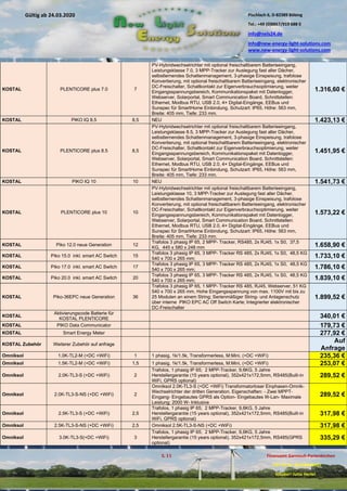 Pischlach 6, D-82389 Böbing
Tel.: +49 (0)8867/919 688 0
info@nels24.de
info@new-energy-light-solutions.com
www.new-energy-light-solutions.com
S. 11 Finanzamt Garmisch-Partenkirchen
UST-ID-Nr: DE238049655
Inhaber: Jutta Hertel
Gültig ab 24.03.2020
.01.2020
.2019
.02.2019
.11.2018
..05.2018
KOSTAL PLENTICORE plus 7.0 7
PV-Hybridwechselrichter mit optional freischaltbarem Batterieeingang,
Leistungsklasse 7.0, 3 MPP-Tracker zur Auslegung fast aller Dächer,
selbstlernendes Schattenmanagement, 3-phasige Einspeisung, trafolose
Konvertierung, mit optional freischaltbarem Batterieeingang, elektronischer
DC-Freischalter, Schaltkontakt zur Eigenverbrauchsoptimierung, weiter
Eingangsspannungsbereich, Kommunikationspaket mit Datenlogger,
Webserver, Solarportal, Smart Communication Board, Schnittstellen:
Ethernet, Modbus RTU, USB 2.0, 4× Digital-Eingänge, EEBus und
Sunspec für SmartHome Einbindung, Schutzart: IP65, Höhe: 563 mm,
Breite: 405 mm, Tiefe: 233 mm.
1.316,60 €
KOSTAL PIKO IQ 8.5 8,5 NEU 1.423,13 €
KOSTAL PLENTICORE plus 8.5 8,5
PV-Hybridwechselrichter mit optional freischaltbarem Batterieeingang,
Leistungsklasse 8.5, 3 MPP-Tracker zur Auslegung fast aller Dächer,
selbstlernendes Schattenmanagement, 3-phasige Einspeisung, trafolose
Konvertierung, mit optional freischaltbarem Batterieeingang, elektronischer
DC-Freischalter, Schaltkontakt zur Eigenverbrauchsoptimierung, weiter
Eingangsspannungsbereich, Kommunikationspaket mit Datenlogger,
Webserver, Solarportal, Smart Communication Board, Schnittstellen:
Ethernet, Modbus RTU, USB 2.0, 4× Digital-Eingänge, EEBus und
Sunspec für SmartHome Einbindung, Schutzart: IP65, Höhe: 563 mm,
Breite: 405 mm, Tiefe: 233 mm.
1.451,95 €
KOSTAL PIKO IQ 10 10 NEU 1.541,73 €
KOSTAL PLENTICORE plus 10 10
PV-Hybridwechselrichter mit optional freischaltbarem Batterieeingang,
Leistungsklasse 10, 3 MPP-Tracker zur Auslegung fast aller Dächer,
selbstlernendes Schattenmanagement, 3-phasige Einspeisung, trafolose
Konvertierung, mit optional freischaltbarem Batterieeingang, elektronischer
DC-Freischalter, Schaltkontakt zur Eigenverbrauchsoptimierung, weiter
Eingangsspannungsbereich, Kommunikationspaket mit Datenlogger,
Webserver, Solarportal, Smart Communication Board, Schnittstellen:
Ethernet, Modbus RTU, USB 2.0, 4× Digital-Eingänge, EEBus und
Sunspec für SmartHome Einbindung, Schutzart: IP65, Höhe: 563 mm,
Breite: 405 mm, Tiefe: 233 mm.
1.573,22 €
KOSTAL Piko 12.0 neue Generation 12
Trafolos 3 phasig IP 65, 2 MPP- Tracker, RS485, 2x RJ45, 1x S0, 37,5
KG, 445 x 580 x 248 mm 1.658,90 €
KOSTAL Piko 15.0 inkl. smart AC Switch 15
Trafolos 3 phasig IP 65, 3 MPP- Tracker RS 485, 2x RJ45, 1x S0, 48,5 KG
540 x 700 x 265 mm; 1.733,10 €
KOSTAL Piko 17.0 inkl. smart AC Switch 17
Trafolos 3 phasig IP 65, 3 MPP- Tracker RS 485, 2x RJ45, 1x S0, 48,5 KG
540 x 700 x 265 mm; 1.786,10 €
KOSTAL Piko 20.0 inkl. smart AC Switch 20
Trafolos 3 phasig IP 65, 3 MPP- Tracker RS 485, 2x RJ45, 1x S0, 48,5 KG
540 x 700 x 265 mm; 1.839,10 €
KOSTAL Piko-36EPC neue Generation 36
Trafolos 3 phasig IP 65, 1 MPP- Tracker RS 485, RJ45, Webserver, 51 KG
540 x 700 x 265 mm, Hohe Eingangsspannung von max. 1100V mit bis zu
25 Modulen an einem String; Serienmäßiger String- und Anlagenschutz
über interne PIKO EPC AC Off Switch Karte; Integrierter elektronischer
DC-Freischalter
1.899,52 €
KOSTAL
Aktivierungscode Batterie für
KOSTAL PLENTICORE 340,01 €
KOSTAL PIKO Data Communicator 179,73 €
KOSTAL Smart Energy Meter 277,92 €
KOSTAL Zubehör Weiterer Zubehör auf anfrage
Auf
Anfrage
Omniksol 1.0K-TL2-M (+DC +WiFi) 1 1 phasig, 1k/1.5k, Transformerless, M:Mini, (+DC +WiFi) 235,36 €
Omniksol 1.5K-TL2-M (+DC +WiFi) 1,5 1 phasig, 1k/1.5k, Transformerless, M:Mini, (+DC +WiFi) 253,07 €
Omniksol 2.0K-TL3-S (+DC +WiFi) 2
Trafolos, 1 phasig IP 65; 2 MPP-Tracker, 9,6KG, 5 Jahre
Herstellergarantie (15 years optional), 352x421x172,5mm, RS485(Built-in
WiFi, GPRS optional)
289,52 €
Omniksol 2.0K-TL3-S-NS (+DC +WiFi) 2
Omniksol 2.0K-TL3-S (+DC +WiFi) Transformatorloser Einphasen-Omnik-
Wechselrichter der dritten Generation. Eigenschaften: - Zwei MPPT-
Eingang- Eingebautes GPRS als Option- Eingebautes W-Lan- Maximale
Leistung: 2000 W- Inklusive
289,52 €
Omniksol 2.5K-TL3-S (+DC +WiFi) 2,5
Trafolos, 1 phasig IP 65; 2 MPP-Tracker, 9,6KG, 5 Jahre
Herstellergarantie (15 years optional), 352x421x172,5mm, RS485(Built-in
WiFi, GPRS optional)
317,98 €
Omniksol 2.5K-TL3-S-NS (+DC +WiFi) 2,5 Omniksol 2.5K-TL3-S-NS (+DC +WiFi) 317,98 €
Omniksol 3.0K-TL3-S(+DC +WiFi) 3
Trafolos, 1 phasig IP 65; 2 MPP-Tracker, 9,6KG, 5 Jahre
Herstellergarantie (15 years optional), 352x421x172,5mm, RS485(GPRS
optional)
335,29 €
 