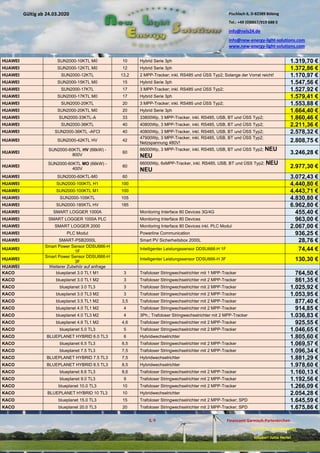 Pischlach 6, D-82389 Böbing
Tel.: +49 (0)8867/919 688 0
info@nels24.de
info@new-energy-light-solutions.com
www.new-energy-light-solutions.com
S. 9 Finanzamt Garmisch-Partenkirchen
UST-ID-Nr: DE238049655
Inhaber: Jutta Hertel
Gültig ab 24.03.2020
.01.2020
.2019
.02.2019
.11.2018
..05.2018
HUAWEI SUN2000-10KTL M0 10 Hybrid Serie 3ph 1.319,70 €
HUAWEI SUN2000-12KTL M0 12 Hybrid Serie 3ph 1.372,86 €
HUAWEI SUN2000-12KTL 13,2 2 MPP-Tracker; inkl. RS485 und ÜSS Typ2; Solange der Vorrat reicht! 1.170,97 €
HUAWEI SUN2000-15KTL M0 15 Hybrid Serie 3ph 1.547,56 €
HUAWEI SUN2000-17KTL 17 3 MPP-Tracker; inkl. RS485 und ÜSS Typ2; 1.527,92 €
HUAWEI SUN2000-17KTL M0 17 Hybrid Serie 3ph 1.579,41 €
HUAWEI SUN2000-20KTL 20 3 MPP-Tracker; inkl. RS485 und ÜSS Typ2; 1.553,88 €
HUAWEI SUN2000-20KTL M0 20 Hybrid Serie 3ph 1.664,40 €
HUAWEI SUN2000-33KTL-A 33 33800Wp, 3 MPP-Tracker, inkl. RS485, USB, BT und ÜSS Typ2; 1.860,46 €
HUAWEI SUN2000-36KTL 40 40800Wp, 3 MPP-Tracker, inkl. RS485, USB, BT und ÜSS Typ2; 2.211,36 €
HUAWEI SUN2000-36KTL -AFCI 40 40800Wp, 3 MPP-Tracker, inkl. RS485, USB, BT und ÜSS Typ2; 2.578,32 €
HUAWEI SUN2000-42KTL HV 42
47900Wp, 3 MPP-Tracker, inkl. RS485, USB, BT und ÜSS Typ2;
Netzspannung 480V! 2.808,75 €
HUAWEI
SUN2000-60KTL HV (66kW) -
800V
60
66000Wp, 3 MPP-Tracker, inkl. RS485, USB, BT und ÜSS Typ2; NEU
NEU
3.246,28 €
HUAWEI
SUN2000-60KTL MO (66kW) -
400V
60
66000Wp, 6xMPP-Tracker, inkl. RS485, USB, BT und ÜSS Typ2; NEU
NEU
2.977,30 €
HUAWEI SUN2000-60KTL-M0 60 3.072,43 €
HUAWEI SUN2000-100KTL H1 100 4.440,80 €
HUAWEI SUN2000-100KTL M1 100 4.443,71 €
HUAWEI SUN2000-105KTL 105 4.830,80 €
HUAWEI SUN2000-185KTL HV 185 6.962,80 €
HUAWEI SMART LOGGER 1000A Monitoring Interface 80 Devices 3G/4G 455,40 €
HUAWEI SMART LOGGER 1000A PLC Monitoring Interface 80 Devices 963,00 €
HUAWEI SMART LOGGER 2000 Monitoring Interface 80 Devices inkl. PLC Modul 2.067,00 €
HUAWEI PLC Modul Powerline Communication 936,25 €
HUAWEI SMART-PSB2000L Smart PV Sicherheitsbox 2000L 28,76 €
HUAWEI
Smart Power Sensor DDSU666-H
1F
Intelligenter Leistungssensor DDSU666-H 1F 74,44 €
HUAWEI
Smart Power Sensor DDSU666-H
3F
Intelligenter Leistungssensor DDSU666-H 3F 130,30 €
HUAWEI Weiterer Zubehör auf anfrage
KACO blueplanet 3.0 TL1 M1 3 Trafoloser Stringwechselrichter mit 1 MPP-Tracker 764,50 €
KACO blueplanet 3.0 TL1 M2 3 Trafoloser Stringwechselrichter mit 2 MPP-Tracker 861,35 €
KACO blueplanet 3.0 TL3 3 Trafoloser Stringwechselrichter mit 2 MPP-Tracker 1.025,92 €
KACO blueplanet 3.0 TL3 M2 3 Trafoloser Stringwechselrichter mit 2 MPP-Tracker 1.053,95 €
KACO blueplanet 3.5 TL1 M2 3,5 Trafoloser Stringwechselrichter mit 2 MPP-Tracker 877,40 €
KACO blueplanet 4.0 TL1 M2 4 Trafoloser Stringwechselrichter mit 2 MPP-Tracker 914,85 €
KACO blueplanet 4.0 TL3 M2 4 3Ph.; Trafoloser Stringwechselrichter mit 2 MPP-Tracker 1.036,83 €
KACO blueplanet 4.6 TL1 M2 4,6 Trafoloser Stringwechselrichter mit 2 MPP-Tracker 925,55 €
KACO blueplanet 5.0 TL3 5 Trafoloser Stringwechselrichter mit 2 MPP-Tracker 1.046,65 €
KACO BLUEPLANET HYBRID 6.0 TL3 6 Hybridwechselrichter 1.805,60 €
KACO blueplanet 6.5 TL3 6,5 Trafoloser Stringwechselrichter mit 2 MPP-Tracker 1.069,57 €
KACO blueplanet 7.5 TL3 7,5 Trafoloser Stringwechselrichter mit 2 MPP-Tracker 1.096,34 €
KACO BLUEPLANET HYBRID 7.5 TL3 7,5 Hybridwechselrichter 1.881,29 €
KACO BLUEPLANET HYBRID 8.5 TL3 8,5 Hybridwechselrichter 1.978,60 €
KACO blueplanet 8.6 TL3 8,6 Trafoloser Stringwechselrichter mit 2 MPP-Tracker 1.160,13 €
KACO blueplanet 9.0 TL3 9 Trafoloser Stringwechselrichter mit 2 MPP-Tracker 1.192,56 €
KACO blueplanet 10.0 TL3 10 Trafoloser Stringwechselrichter mit 2 MPP-Tracker 1.266,09 €
KACO BLUEPLANET HYBRID 10 TL3 10 Hybridwechselrichter 2.054,28 €
KACO blueplanet 15.0 TL3 15 Trafoloser Stringwechselrichter mit 2 MPP-Tracker; SPD 1.645,59 €
KACO blueplanet 20.0 TL3 20 Trafoloser Stringwechselrichter mit 2 MPP-Tracker; SPD 1.675,86 €
 