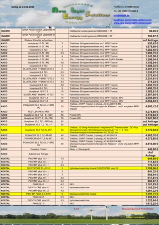 Pischlach 6, D-82389 Böbing
Tel.: +49 (0)8867/919 688 0
info@nels24.de
info@new-energy-light-solutions.com
www.new-energy-light-solutions.com
S. 10 Finanzamt Garmisch-Partenkirchen
UST-ID-Nr: DE238049655
Inhaber: Jutta Hertel
Gültig ab 24.06.2020
.01.2020
.2019
.02.2019
.11.2018
..05.2018
HUAWEI
Smart Power Sensor DDSU666-H
1F
Intelligenter Leistungssensor DDSU666-H 1F 93,05 €
HUAWEI
Smart Power Sensor DDSU666-H
3F
Intelligenter Leistungssensor DDSU666-H 3F 162,87 €
HUAWEI Weiterer Zubehör auf anfrage auf Anfrage
KACO blueplanet 3.0 TL1 M1 3 Trafoloser Stringwechselrichter mit 1 MPP-Tracker 955,63 €
KACO blueplanet 3.0 TL1 M2 3 Trafoloser Stringwechselrichter mit 2 MPP-Tracker 1.076,69 €
KACO blueplanet 3.0 TL3 3 Trafoloser Stringwechselrichter mit 2 MPP-Tracker 1.282,40 €
KACO blueplanet 3.5 TL1 M2 3,5 Trafoloser Stringwechselrichter mit 2 MPP-Tracker 1.096,75 €
KACO blueplanet 4.0 TL1 M2 4 Trafoloser Stringwechselrichter mit 2 MPP-Tracker 1.143,56 €
KACO blueplanet 4.0 TL3 M2 4 3Ph.; Trafoloser Stringwechselrichter mit 2 MPP-Tracker 1.296,04 €
KACO blueplanet 4.6 TL1 M2 4,6 Trafoloser Stringwechselrichter mit 2 MPP-Tracker 1.156,94 €
KACO blueplanet 5.0 TL3 5 Trafoloser Stringwechselrichter mit 2 MPP-Tracker 1.308,32 €
KACO BLUEPLANET HYBRID 6.0 TL3 6 Hybridwechselrichter 2.257,01 €
KACO blueplanet 6.5 TL3 6,5 Trafoloser Stringwechselrichter mit 2 MPP-Tracker 1.336,97 €
KACO blueplanet 7.5 TL3 7,5 Trafoloser Stringwechselrichter mit 2 MPP-Tracker 1.370,42 €
KACO BLUEPLANET HYBRID 7.5 TL3 7,5 Hybridwechselrichter 2.351,61 €
KACO BLUEPLANET HYBRID 8.5 TL3 8,5 Hybridwechselrichter 274,22 €
KACO blueplanet 8.6 TL3 8,6 Trafoloser Stringwechselrichter mit 2 MPP-Tracker 1.450,16 €
KACO blueplanet 9.0 TL3 9 Trafoloser Stringwechselrichter mit 2 MPP-Tracker 1.490,70 €
KACO blueplanet 10.0 TL3 10 Trafoloser Stringwechselrichter mit 2 MPP-Tracker 1.582,61 €
KACO BLUEPLANET HYBRID 10 TL3 10 Hybridwechselrichter 2.567,85 €
KACO blueplanet 15.0 TL3 15 Trafoloser Stringwechselrichter mit 2 MPP-Tracker; SPD 2.056,98 €
KACO blueplanet 20.0 TL3 20 Trafoloser Stringwechselrichter mit 2 MPP-Tracker; SPD 2.094,83 €
KACO
POWADOR 39.0 TL3-XL-F-SPD
1+2
33
Trafolos, 3 MPP-Tracker, 3-phasig, AC 33.300 VA; Mit
Überspannungsschutzeinrichtungen der Klassen 1 und 2 vor jedem MPP-
Tracker
4.800,12 €
KACO 48.0TL3PARK-M-I NT 40 4.375,80 €
KACO blueplanet 50.0 TL3 - B - OD+ 50 Projekt-WR 3.110,63 €
KACO blueplanet 50.0 TL3 - M - OD+ 50 Projekt-WR 3.241,88 €
KACO blueplanet 50.0 TL3 - RPOnly 50 auf Anfrage
KACO blueplanet 50.0 TL3 - XL - F 50 auf Anfrage
KACO blueplanet 50.0 TL3-XL-INT 50
Trafolos, 10 String-Anschlüsse / integrierter DC Trennschalter / DC-Plus
Strangsicherungen /DC Überspannungsschutz Typ 1 + 2 / AC
Überspannungsschutzbasiselement AC 50.000 VA
3.172,84 €
KACO POWADOR 60.0 TL3-M-INT 49 Trafolos, 3 MPP-Tracker, 3-phasig, AC 49.900 VA 4.985,76 €
KACO POWADOR 60.0 TL3-XL-INT 49 Trafolos, 3 MPP-Tracker, 3-phasig, AC 49.900 VA 4.375,80 €
KACO
POWADOR 60.0 TL3-XL-F-SPD
1+2
49
Trafolos, 3 MPP-Tracker, 3-phasig, AC 49.900 VA; Mit
Überspannungsschutzeinrichtungen der Klassen 1 und 2 vor jedem MPP-
Tracker
4.810,00 €
KACO Powador Protect Mess- u. Steuergerät 446,88 €
KACO Zubehör auf Anfrage
Auf
Anfrage
KOSTAL PIKO MP plus 1.5 - 1 1,5 644,88 €
KOSTAL PIKO MP plus 2.0 - 1 2 711,82 €
KOSTAL PIKO MP plus 2.5 - 1 2,5 776,15 €
KOSTAL PLENTICORE PLUS 3.0 3 Hybridwechselrichter Kostal PLENTICORE plus 3.0 1.189,06 €
KOSTAL PIKO MP plus 3.0 - 1 3 841,32 €
KOSTAL PIKO MP plus 3.0 - 2 3 905,64 €
KOSTAL PIKO MP plus 3.6 - 1 3,6 917,81 €
KOSTAL PIKO MP plus 3.6 - 2 3,6 983,87 €
KOSTAL PIKO IQ 4.2 4,2 NEU 1.161,63 €
KOSTAL PLENTICORE plus 4.2 4,2 Hybridwechselrichter 1.185,29 €
KOSTAL PIKO MP plus 4.6 - 2 4,6 1.081,32 €
KOSTAL PIKO MP PLUS 5.0-2 INT 5 Strangwechselrichter Kostal 1.191,71 €
KOSTAL PIKO IQ 5.5 5,5 NEU 1.296,89 €
KOSTAL PLENTICORE plus 5.5 5,5 Hybridwechselrichter 1.325,64 €
KOSTAL PIKO IQ 7.0 7 NEU 1.612,25 €
 