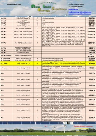 Pischlach 6, D-82389 Böbing
Tel.: +49 (0)8867/919 688 0
info@nels24.de
info@new-energy-light-solutions.com
www.new-energy-light-solutions.com
S. 11 Finanzamt Garmisch-Partenkirchen
UST-ID-Nr: DE238049655
Inhaber: Jutta Hertel
Gültig ab 24.06.2020
.01.2020
.2019
.02.2019
.11.2018
..05.2018
KOSTAL PLENTICORE plus 7.0 7 Hybridwechselrichter 1.645,76 €
KOSTAL PIKO IQ 8.5 8,5 NEU 1.778,92 €
KOSTAL PLENTICORE plus 8.5 8,5 Hybridwechselrichter 1.814,93 €
KOSTAL PIKO IQ 10 10 NEU 1.927,16 €
KOSTAL PLENTICORE plus 10 10 Hybridwechselrichter 1.966,53 €
KOSTAL Piko 12.0 neue Generation 12
Trafolos 3 phasig IP 65, 2 MPP- Tracker, RS485, 2x RJ45, 1x S0, 37,5
KG, 445 x 580 x 248 mm 2.080,44 €
KOSTAL Piko 15.0 inkl. smart AC Switch 15
Trafolos 3 phasig IP 65, 3 MPP- Tracker RS 485, 2x RJ45, 1x S0, 48,5 KG
540 x 700 x 265 mm; 2.170,05 €
KOSTAL Piko 17.0 inkl. smart AC Switch 17
Trafolos 3 phasig IP 65, 3 MPP- Tracker RS 485, 2x RJ45, 1x S0, 48,5 KG
540 x 700 x 265 mm; 2.238,72 €
KOSTAL Piko 20.0 inkl. smart AC Switch 20
Trafolos 3 phasig IP 65, 3 MPP- Tracker RS 485, 2x RJ45, 1x S0, 48,5 KG
540 x 700 x 265 mm; 2.305,73 €
KOSTAL Piko-36EPC neue Generation 36
Trafolos 3 phasig IP 65, 1 MPP- Tracker RS 485, RJ45, Webserver, 51 KG
540 x 700 x 265 mm, Hohe Eingangsspannung von max. 1100V mit bis zu
25 Modulen an einem String; Serienmäßiger String- und Anlagenschutz
über interne PIKO EPC AC Off Switch Karte; Integrierter elektronischer
DC-Freischalter
2.374,40 €
KOSTAL
Aktivierungscode Batterie für
KOSTAL PLENTICORE 425,01 €
KOSTAL PIKO Data Communicator 224,66 €
KOSTAL Smart Energy Meter 357,31 €
KOSTAL Zubehör Weiterer Zubehör auf anfrage
Auf
Anfrage
LG Electronics LI-IO PCS 8.0 INVERTER 8 Hybridwechselrichter für ESS HOME 2.633,40 €
LG Electronics LI-IO PCS 10.0 INVERTER 10 Hybridwechselrichter für ESS HOME 2.772,00 €
RCT Power Power Storage DC 4.0 6
Zwei unabhängige MPP-Regler, parallelschaltbar; Trafolose Topologie;
Gesamtwirkungsgrad › 98 %; Hochspannungsbatterieeingang; 3-phasige
Einspeisung
1.429,68 €
RCT Power Power Storage DC 6.0 6
Zwei unabhängige MPP-Regler, parallelschaltbar; Trafolose Topologie;
Gesamtwirkungsgrad › 98 %; Hochspannungsbatterieeingang; 3-phasige
Einspeisung
1.474,90 €
SMA Sunny Boy 1,5-1VL-40 1,5
Pac,r = 1500 W / Sac,max. = 1500 VA; transformatorlos; einphasig
einspeisend; mit integrierter WLAN und Speedwire/Webconnect
Kommunikationsschnittstelle; DC-Anschluss SUNCLIX; inkl. DC-
Freischalter;
576,13 €
SMA Sunny Boy 2.0-1VL-40 2
Pac,r = 2500 W / Sac,max. = 1500 VA; transformatorlos; einphasig
einspeisend; mit integrierter WLAN und Speedwire/Webconnect
Kommunikationsschnittstelle; DC-Anschluss SUNCLIX; inkl. DC-
Freischalter;
680,63 €
SMA Sunny Boy 2.5-1VL-40 2,5
Pac,r = 2500 W / Sac,max. = 1500 VA; transformatorlos; einphasig
einspeisend; mit integrierter WLAN und Speedwire/Webconnect
Kommunikationsschnittstelle; DC-Anschluss SUNCLIX; inkl. DC-
Freischalter;
775,50 €
SMA Sunny Boy Storage 2.5 2,5
Der Sunny Boy Storage ist der Batterie-Wechselrichter für Hochvolt-
Batterien aller namhaften Hersteller. Mit einer Lade- und Entladeleistung
von 2,5 kW ist er ideal auf den Strombedarf im Privathaushalt abgestimmt.
1.010,63 €
SMA Sunny Boy Storage 3.7 3,7
Der Sunny Boy Storage ist der Batterie-Wechselrichter für Hochvolt-
Batterien aller namhaften Hersteller. Mit einer Lade- und Entladeleistung
von 3,7 kW ist er ideal auf den Strombedarf im Privathaushalt abgestimmt.
1.558,20 €
SMA Sunny Boy Storage 5.0 5
Der Sunny Boy Storage ist der Batterie-Wechselrichter für Hochvolt-
Batterien aller namhaften Hersteller. Mit einer Lade- und Entladeleistung
von 5,0 kW ist er ideal auf den Strombedarf im Privathaushalt abgestimmt.
1.766,23 €
SMA Sunny Boy Storage 6.0 6
Der Sunny Boy Storage ist der Batterie-Wechselrichter für Hochvolt-
Batterien aller namhaften Hersteller. Mit einer Lade- und Entladeleistung
von 6,0 kW ist er ideal auf den Strombedarf im Privathaushalt abgestimmt.
1.974,25 €
SMA Sunny Boy 3.0-1AV-41 3
Einphasigen Netzeinspeisung, 3.0 kW/3.0 kVA, transformatorlos; einphasig
einspeisend; WLAN und Speedwire/Webconnect inkl. SMA Modbus und
SunSpec Prot integrierter Webserver, Service Packet: SMA Smart
Connected; Multi-String-Funktion, DC-Anschluss SUNCLIX; inkl. DC-
Freischalter;
866,25 €
SMA Sunny Boy 3.6-1AV-40 3,6
Einphasigen Netzeinspeisung, 3.68 kW/3.68 kVA, transformatorlos;
einphasig einspeisend; WLAN und Speedwire/Webconnect inkl. SMA
Modbus und SunSpec Prot integrierter Webserver, Service Packet: SMA
Smart Connected; Multi-String-Funktion, DC-Anschluss SUNCLIX; inkl.
DC-Freischalter;
970,57 €
 
