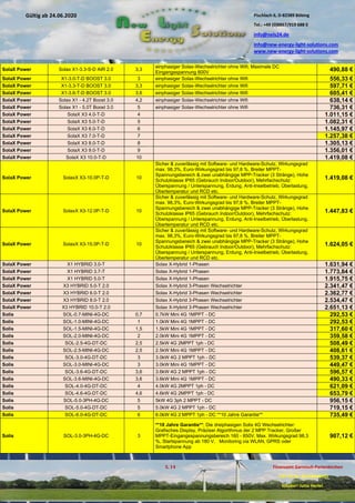 Pischlach 6, D-82389 Böbing
Tel.: +49 (0)8867/919 688 0
info@nels24.de
info@new-energy-light-solutions.com
www.new-energy-light-solutions.com
S. 14 Finanzamt Garmisch-Partenkirchen
UST-ID-Nr: DE238049655
Inhaber: Jutta Hertel
Gültig ab 24.06.2020
.01.2020
.2019
.02.2019
.11.2018
..05.2018
SolaX Power Solax X1-3.3-S-D AIR 2.0 3,3
einphasiger Solax-Wechselrichter ohne Wifi; Maximale DC
Eingangsspannung 600V 490,88 €
SolaX Power X1-3.0-T-D BOOST 3.0 3 einphasiger Solax-Wechselrichter ohne Wifi 556,33 €
SolaX Power X1-3.3-T-D BOOST 3.0 3,3 einphasiger Solax-Wechselrichter ohne Wifi 597,71 €
SolaX Power X1-3.6-T-D BOOST 3.0 3,6 einphasiger Solax-Wechselrichter ohne Wifi 605,41 €
SolaX Power Solax X1 - 4.2T Boost 3.0 4,2 einphasiger Solax-Wechselrichter ohne Wifi 638,14 €
SolaX Power Solax X1 - 5.0T Boost 3.0 5 einphasiger Solax-Wechselrichter ohne Wifi 736,31 €
SolaX Power SolaX X3 4.0-T-D 4 1.011,15 €
SolaX Power SolaX X3 5.0-T-D 5 1.082,31 €
SolaX Power SolaX X3 6.0-T-D 6 1.145,97 €
SolaX Power SolaX X3 7.0-T-D 7 1.257,38 €
SolaX Power SolaX X3 8.0-T-D 8 1.305,13 €
SolaX Power SolaX X3 9.0-T-D 9 1.356,01 €
SolaX Power SolaX X3 10.0-T-D 10 1.419,08 €
SolaX Power SolaxX X3-10.0P-T-D 10
Sicher & zuverlässig mit Software- und Hardware-Schutz, Wirkungsgrad
max. 98,3%, Euro-Wirkungsgrad bis 97,8 %, Breiter MPPT-
Spannungsbereich & zwei unabhängige MPP-Tracker (3 Stränge), Hohe
Schutzklasse IP65 (Gebrauch Indoor/Outdoor), Mehrfachschutz:
Überspannung / Unterspannung, Erdung, Anti-Inselbetrieb, Überlastung,
Übertemperatur und RCD etc.
1.419,08 €
SolaX Power SolaxX X3-12.0P-T-D 10
Sicher & zuverlässig mit Software- und Hardware-Schutz, Wirkungsgrad
max. 98,3%, Euro-Wirkungsgrad bis 97,8 %, Breiter MPPT-
Spannungsbereich & zwei unabhängige MPP-Tracker (3 Stränge), Hohe
Schutzklasse IP65 (Gebrauch Indoor/Outdoor), Mehrfachschutz:
Überspannung / Unterspannung, Erdung, Anti-Inselbetrieb, Überlastung,
Übertemperatur und RCD etc.
1.447,83 €
SolaX Power SolaxX X3-15.0P-T-D 10
Sicher & zuverlässig mit Software- und Hardware-Schutz, Wirkungsgrad
max. 98,3%, Euro-Wirkungsgrad bis 97,8 %, Breiter MPPT-
Spannungsbereich & zwei unabhängige MPP-Tracker (3 Stränge), Hohe
Schutzklasse IP65 (Gebrauch Indoor/Outdoor), Mehrfachschutz:
Überspannung / Unterspannung, Erdung, Anti-Inselbetrieb, Überlastung,
Übertemperatur und RCD etc.
1.624,05 €
SolaX Power X1 HYBRID 3.0-T Solax X-Hybrid 1-Phasen 1.631,94 €
SolaX Power X1 HYBRID 3.7-T Solax X-Hybrid 1-Phasen 1.773,84 €
SolaX Power X1 HYBRID 5.0-T Solax X-Hybrid 1-Phasen 1.915,75 €
SolaX Power X3 HYBRID 5.0-T 2.0 Solax X-Hybrid 3-Phasen Wechselrichter 2.341,47 €
SolaX Power X3 HYBRID 6.0-T 2.0 Solax X-Hybrid 3-Phasen Wechselrichter 2.362,77 €
SolaX Power X3 HYBRID 8.0-T 2.0 Solax X-Hybrid 3-Phasen Wechselrichter 2.534,47 €
SolaX Power X3 HYBRID 10.0-T 2.0 Solax X-Hybrid 3-Phasen Wechselrichter 2.651,13 €
Solis SOL-0.7-MINI-4G-DC 0,7 0.7kW Mini 4G 1MPPT - DC 292,53 €
Solis SOL-1.0-MINI-4G-DC 1 1.0kW Mini 4G 1MPPT - DC 292,53 €
Solis SOL-1.5-MINI-4G-DC 1,5 1.5kW Mini 4G 1MPPT - DC 317,60 €
Solis SOL-2.0-MINI-4G-DC 2 2.0kW Mini 4G 1MPPT - DC 359,58 €
Solis SOL-2.5-4G-DT-DC 2,5 2.5kW 4G 2MPPT 1ph - DC 508,49 €
Solis SOL-2.5-MINI-4G-DC 2,5 2.5kW Mini 4G 1MPPT - DC 408,61 €
Solis SOL-3.0-4G-DT-DC 3 3.0kW 4G 2 MPPT 1ph - DC 539,37 €
Solis SOL-3.0-MINI-4G-DC 3 3.0kW Mini 4G 1MPPT - DC 449,47 €
Solis SOL-3.6-4G-DT-DC 3,6 3.6kW 4G 2 MPPT 1ph - DC 596,57 €
Solis SOL-3.6-MINI-4G-DC 3,6 3.6kW Mini 4G 1MPPT - DC 490,33 €
Solis SOL-4.0-4G-DT-DC 4 4.0kW 4G 2MPPT 1ph - DC 621,09 €
Solis SOL-4.6-4G-DT-DC 4,6 4.6kW 4G 2MPPT 1ph - DC 653,79 €
Solis SOL-5.0-3PH-4G-DC 5 5kW 4G 3ph 2 MPPT - DC 956,15 €
Solis SOL-5.0-4G-DT-DC 5 5.0kW 4G 2 MPPT 1ph - DC 719,15 €
Solis SOL-6.0-4G-DT-DC 6 6.0kW 4G 2 MPPT 1ph - DC **10 Jahre Garantie** 735,49 €
Solis SOL-3.0-3PH-4G-DC 3
**10 Jahre Garantie**; Die dreiphasigen Solis 4G Wechselrichter:
Grafisches Display, Präziser Algorithmus der 2 MPP Tracker, Großer
MPPT-Eingangsspannungsbereich 160 - 850V, Max. Wirkungsgrad 98,3
%, Startspannung ab 180 V, Monitoring via WLAN, GPRS oder
Smartphone App
907,12 €
 