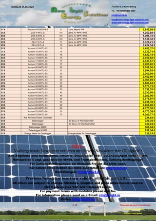 Pischlach 6, D-82389 Böbing
Tel.: +49 (0)8867/919 688 0
info@nels24.de
info@new-energy-light-solutions.com
www.new-energy-light-solutions.com
S. 18 Finanzamt Garmisch-Partenkirchen
UST-ID-Nr: DE238049655
Inhaber: Jutta Hertel
Gültig ab 24.06.2020
.01.2020
.2019
.02.2019
.11.2018
..05.2018
ZCS Azzurro HYD6000-ES 6 1phs, Hybrid WR 1.847,08 €
ZCS ZS3-4.4KTL-S 4,4 3phs, 4x MPP, IP65 1.052,88 €
ZCS ZS3-5.5KTL-S 5,5 3phs, 4x MPP, IP65 1.094,72 €
ZCS ZS3-6.6KTL-S 6,6 3phs, 4x MPP, IP65 1.146,32 €
ZCS ZS3-11kTL-S 11 3phs, 2x MPP, IP65 1.326,21 €
ZCS ZS3-12kTL-S 12 3phs, 2x MPP, IP65 1.424,34 €
ZCS Azzuro-10.000TL-S2 10 1.482,37 €
ZCS Azzuro-10.000TL-S5 10 1.722,74 €
ZCS Azzuro-15.000TL-S2 15 1.822,19 €
ZCS Azzuro-15.000TL-S5 15 2.059,82 €
ZCS Azzuro-17.000TL-S2 17 2.033,57 €
ZCS Azzuro-17.000TL-S5 17 2.285,02 €
ZCS Azzuro-20.000TL-S2 20 2.109,56 €
ZCS Azzuro-20.000TL-S3 20 1.894,05 €
ZCS Azzuro-20.000TL-S5 20 2.360,99 €
ZCS Azzuro-25.000TL-S3 25 2.162,06 €
ZCS Azzuro-30.000TL-S3 30 2.367,89 €
ZCS Azzuro-30.000TL-S5 30 2.880,64 €
ZCS Azzuro-33.000TL-S3 33 2.573,73 €
ZCS Azzuro-33.000TL-S5 33 3.032,53 €
ZCS Azzuro-40.000TL-S3 40 3.033,90 €
ZCS Azzuro-40.000TL-S5 40 3.282,96 €
ZCS Azzuro-50.000TL-S4 50 3.776,97 €
ZCS Azzuro-50.000TL-S5 50 3.948,39 €
ZCS Azzuro-60.000TL-S4 60 3.966,00 €
ZCS Azzuro-60.000TL-S5 60 4.173,38 €
ZCS Azzuro-70.000TL-S4 70 4.173,38 €
ZCS Azzuro-70.000TL-S5 70 4.380,77 €
ZCS Anti Reverse Power Controller 234,63 €
ZCS Datenlogger für bis zu 4 Wechselrichter 324,30 €
ZCS Datenlogger für bis zu 10 Wechselrichter 450,04 €
ZCS Datenlogger M200 566,94 €
ZCS Datenlogger M1000 657,54 €
ZCS Energy Meter for Datalogger Energiezähler für Datenlogger 336,25 €
INFO:
Vorhergehende Newsletter verlieren mit diesem Newsletter ihre Gültigkeit!!
Alle Angebote sind freibleibend. Irrtümer, Druckfehler und Preisänderungen vorbehalten.
Nettopreise € zzgl. gesetzlicher MwSt. und Transportkosten. Zahlungsbedingungen
Für Zahlungsbedingungen bei Modulen Fragen Sie bitte nach.
Für nähere Infos richten Sie bitte eine Email an: info@nels24.de
Bestellungen: info@nels24.de
Previous Newsletter lose their validity with this newsletter!
All offers are subject to change. Mistakes, misprint and price adjustments reserve.
Net € prices plus VAT and transport costs.
For payment terms with modules please ask for.
For information please send us a Email: info@nels24.de
Order: info@nels24.de
 