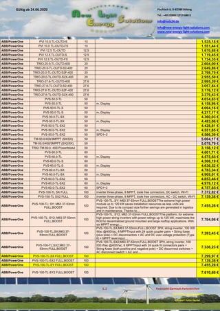 Pischlach 6, D-82389 Böbing
Tel.: +49 (0)8867/919 688 0
info@nels24.de
info@new-energy-light-solutions.com
www.new-energy-light-solutions.com
S. 2 Finanzamt Garmisch-Partenkirchen
UST-ID-Nr: DE238049655
Inhaber: Jutta Hertel
Gültig ab 24.06.2020
.01.2020
.2019
.02.2019
.11.2018
..05.2018
ABB/PowerOne PVI 10.0 TL-OUTD-S 10 1.535,18 €
ABB/PowerOne PVI 10.0 TL-OUTD-FS 10 1.551,44 €
ABB/PowerOne PVI 12.5 TL-OUTD 12,5 1.670,68 €
ABB/PowerOne PVI 12.5 TL-OUTD-S 12,5 1.719,45 €
ABB/PowerOne PVI 12.5 TL-OUTD-FS 12,5 1.734,35 €
ABB/PowerOne TRIO-20.0-TL-OUTD-400 20 2.604,00 €
ABB/PowerOne TRIO-20.0-TL-OUTD-S2-400 20 2.649,86 €
ABB/PowerOne TRIO-20.0-TL-OUTD-S2F-400 20 2.798,70 €
ABB/PowerOne TRIO-20.0-TL-OUTD-S2X-400 20 2.955,50 €
ABB/PowerOne TRIO-27.6-TL-OUTD-400 27,6 2.995,39 €
ABB/PowerOne TRIO-27.6-TL-OUTD-S2-400 27,6 3.057,84 €
ABB/PowerOne TRIO-27.6-TL-OUTD-S2F-400 27,6 3.176,12 €
ABB/PowerOne TRIO-27.6-TL-OUTD-S2X-400 27,6 3.379,43 €
ABB/PowerOne PVS-50.0-TL 50 4.034,63 €
ABB/PowerOne PVS-50.0-TL 50 m. Display 4.158,96 €
ABB/PowerOne PVS-50.0-TL-S 50 4.094,16 €
ABB/PowerOne PVS-50.0-TL-S 50 m. Display 4.217,17 €
ABB/PowerOne PVS-50.0-TL-SX 50 4.360,03 €
ABB/PowerOne PVS-50.0-TL-SX 50 m. Display 4.483,06 €
ABB/PowerOne PVS-50.0-TL-SX2 50 4.428,81 €
ABB/PowerOne PVS-50.0-TL-SX2 50 m. Display 4.551,85 €
ABB/PowerOne PVS-50.0-TL-SX2 50 SPD1+2 4.566,39 €
ABB/PowerOne TM-50.0/400/3MPPT (SX/SX) 50 5.004,17 €
ABB/PowerOne TM-50.0/400/3MPPT (SX2/SX) 50 5.078,79 €
ABB/PowerOne TRIO-TM-50.0 -400-PowerModul 50 3.158,12 €
ABB/PowerOne PVS-60.0-TL 60 4.601,71 €
ABB/PowerOne PVS-60.0-TL 60 m. Display 4.575,65 €
ABB/PowerOne PVS-60.0-TL-S 60 4.508,19 €
ABB/PowerOne PVS-60.0-TL-S 60 m. Display 4.636,52 €
ABB/PowerOne PVS-60.0-TL-SX 60 4.783,34 €
ABB/PowerOne PVS-60.0-TL-SX 60 m. Display 4.909,01 €
ABB/PowerOne PVS-60.0-TL-SX2 60 4.853,46 €
ABB/PowerOne PVS-60.0-TL-SX2 60 m. Display 4.979,12 €
ABB/PowerOne PVS-60.0-TL-SX2 60 SPD1+2 4.757,65 €
ABB/PowerOne PVS-100-TL SX FULL 100 inverter three-phase, 6 MPPT, toole free connectors, DC switch, WI-FI 7.372,82 €
ABB/PowerOne PVS-100-TL SX2 FULL 100 inverter three-phase, 6 MPPT, toole free connectors, AC - DC switch, WI-FI 7.139,38 €
ABB/PowerOne
PVS-100-TL; SY; M63 37-53mm
FULL;BOOST
100
PVS-100-TL; SY; M63 37-53mm FULL;BOOSTThe extreme high power
module up to 120 kW saves installation resources as less units are
required. Due to its compact size further savings are generated in logistics
and in maintenance. Thanks to....
7.455,28 €
ABB/PowerOne
PVS-100-TL; SY2; M63 37-53mm
FULL;BOOST
100
PVS-100-TL; SY2; M63 37-53mm FULL;BOOSTThis platform, for extreme
high power string inverters with power ratings up to 120 kW, maximizes the
ROI for decentralized ground mounted and large rooftop applications. With
six MPPT energy....
7.704,06 €
ABB/PowerOne
PVS-100-TL;SX;M63 37-
53mm;FULL;BOOST
100
PVS-100-TL;SX;M63 37-53mm;FULL;BOOST 3PH, string inverter, 100 000
Wac @400Vac, 6 MPPTInput with 24 quick coupler pairs + String fuses
(plus pole) + DC disconnectors + AC and DC over voltage protection (Type
II) + MPPT level input....
7.393,43 €
ABB/PowerOne
PVS-100-TL;SX2;M63 37-
53mm;FULL;BOOST
100
PVS-100-TL;SX2;M63 37-53mm;FULL;BOOST 3PH, string inverter, 100
000 Wac @400Vac, 6 MPPTInput with 24 quick fit connectors pairs +
String fuses (both positive and negative pole) + DC disconnect switches +
AC disconnect switch + AC and....
7.336,23 €
ABB/PowerOne PVS-100-TL-SX FULL;BOOST 100 7.299,97 €
ABB/PowerOne PVS-100-TL-SX2 FULL;BOOST 100 7.139,38 €
ABB/PowerOne PVS-100-TL-SY FULL;BOOST 100 7.455,28 €
ABB/PowerOne PVS-100-TL-SY2 FULL;BOOST 100 7.610,60 €
 