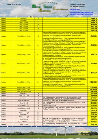 Pischlach 6, D-82389 Böbing
Tel.: +49 (0)8867/919 688 0
info@nels24.de
info@new-energy-light-solutions.com
www.new-energy-light-solutions.com
S. 5 Finanzamt Garmisch-Partenkirchen
UST-ID-Nr: DE238049655
Inhaber: Jutta Hertel
Gültig ab 24.06.2020
.01.2020
.2019
.02.2019
.11.2018
..05.2018
Fronius Galvo 3.0-1 3 999,63 €
Fronius Galvo 3.1-1 3,1 999,63 €
Fronius Galvo 1.5-1 light 1,5 834,63 €
Fronius Galvo 2.0-1 light 2 858,00 €
Fronius Galvo 2.5-1 light 2,5 881,38 €
Fronius Galvo 3.0-1 light 3 904,75 €
Fronius Galvo 3.1-1 light 3,1 904,75 €
Fronius Primo GEN24 3.0 Plus 3
Der GEN24 Plus lässt mit unzähligen Features wie Energiemanagement-
Funktionen, serienmäßiger Anbindung an WLAN, Ethernet und einfachste
Integration von Drittanbieter-Komponenten keine Wünsche offen.
Insbesondere sorgt er mit einer
Auswahl an Notstromvarianten (PV Point, Full Backup) bei Netzausfällen
für den höchsten Grad an Versorgungssicherheit.
1.530,38 €
Fronius Primo GEN24 3.6 Plus 3,7
Der GEN24 Plus lässt mit unzähligen Features wie Energiemanagement-
Funktionen, serienmäßiger Anbindung an WLAN, Ethernet und einfachste
Integration von Drittanbieter-Komponenten keine Wünsche offen.
Insbesondere sorgt er mit einer
Auswahl an Notstromvarianten (PV Point, Full Backup) bei Netzausfällen
für den höchsten Grad an Versorgungssicherheit.
1.595,30 €
Fronius Primo GEN24 4.0 Plus 4,1
Der GEN24 Plus lässt mit unzähligen Features wie Energiemanagement-
Funktionen, serienmäßiger Anbindung an WLAN, Ethernet und einfachste
Integration von Drittanbieter-Komponenten keine Wünsche offen.
Insbesondere sorgt er mit einer
Auswahl an Notstromvarianten (PV Point, Full Backup) bei Netzausfällen
für den höchsten Grad an Versorgungssicherheit.
1.644,33 €
Fronius Primo GEN24 4.6 Plus 4,7
Der GEN24 Plus lässt mit unzähligen Features wie Energiemanagement-
Funktionen, serienmäßiger Anbindung an WLAN, Ethernet und einfachste
Integration von Drittanbieter-Komponenten keine Wünsche offen.
Insbesondere sorgt er mit einer
Auswahl an Notstromvarianten (PV Point, Full Backup) bei Netzausfällen
für den höchsten Grad an Versorgungssicherheit.
1.775,50 €
Fronius Primo GEN24 5.0 Plus 5,1
Der GEN24 Plus lässt mit unzähligen Features wie Energiemanagement-
Funktionen, serienmäßiger Anbindung an WLAN, Ethernet und einfachste
Integration von Drittanbieter-Komponenten keine Wünsche offen.
Insbesondere sorgt er mit einer
Auswahl an Notstromvarianten (PV Point, Full Backup) bei Netzausfällen
für den höchsten Grad an Versorgungssicherheit.
1.856,33 €
Fronius Primo GEN24 6.0 Plus 6,1
Der GEN24 Plus lässt mit unzähligen Features wie Energiemanagement-
Funktionen, serienmäßiger Anbindung an WLAN, Ethernet und einfachste
Integration von Drittanbieter-Komponenten keine Wünsche offen.
Insbesondere sorgt er mit einer
Auswahl an Notstromvarianten (PV Point, Full Backup) bei Netzausfällen
für den höchsten Grad an Versorgungssicherheit.
2.061,70 €
Fronius Symo GEN24 6.0 Plus 2.342,60 €
Fronius Symo GEN24 8.0 Plus 2.670,94 €
Fronius Symo GEN24 10.0 Plus 2.791,69 €
Fronius Primo 3.0-1 3 957,00 €
Fronius Primo 3.0-1 Light 3 853,88 €
Fronius Symo 3.0-3-M 3
inkl. Vollausstattung*; nenn + max 3kVA (AC); η(max)=98,0%; M=
Multistring (2MPP), 3Phs., mit WLAN, LAN + Webserver, RS485 1.090,06 €
Fronius Symo 3.0-3-M light 3 2 Tracker, TL, 3Phs., ohne WLAN, LAN + Webserver 1.023,00 €
Fronius Symo 3.0-3-S 3
inkl. Vollausstattung*; nenn + max 3kVA (AC); η(max)=98,0%; S = Single
String (1MPP) 1.010,63 €
Fronius Symo 3.0-3-S light 3 2 Tracker, 3Phasen, TL 914,38 €
Fronius Symo Hybrid 3.0-3-S 3
5,0kW PV Eingang, 3,0kW Ausgang z. Batterie, 645x431x204mm, IP65,
TL, DCV-Trennsch., m. Datenlogger u. Webserver 1.591,33 €
Fronius Primo 3.5-1 3,5 1.005,13 €
Fronius Primo 3.5-1 Light 3,5 902,00 €
Fronius Primo 3.6-1 3,6 1.013,38 €
Fronius Primo 3.6-1 Light 3,6 910,25 €
Fronius Symo 3.7-3-M 3,7
AKTION! inkl. Vollausstattung*; nenn + max 3,7kVA (AC); (max)= 98,0%;
M= Multistring (2MPP), 3Phs., mit WLAN, LAN + Webserver, RS485 1.195,73 €
Fronius Symo 3.7-3-M light 3,7 2 Tracker, TL, 3Phs., ohne WLAN, LAN + Webserver 1.100,76 €
Fronius Symo 3.7-3-S 3,7
inkl. Vollausstattung*; nenn + max 3,7kVA (AC); η(max)=98,0%; S = Single
String (1MPP) 1.083,38 €
 