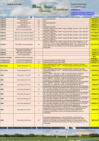 Pischlach 6, D-82389 Böbing
Tel.: +49 (0)8867/919 688 0
info@nels24.de
info@new-energy-light-solutions.com
www.new-energy-light-solutions.com
S. 11 Finanzamt Garmisch-Partenkirchen
UST-ID-Nr: DE238049655
Inhaber: Jutta Hertel
Gültig ab 14.07.2020
.01.2020
.2019
.02.2019
.11.2018
..05.2018
KOSTAL PLENTICORE plus 7.0 7 Hybridwechselrichter 1.606,26 €
KOSTAL PIKO IQ 8.5 8,5 NEU 1.736,22 €
KOSTAL PLENTICORE plus 8.5 8,5 Hybridwechselrichter 1.771,37 €
KOSTAL PIKO IQ 10 10 NEU 1.880,91 €
KOSTAL PLENTICORE plus 10 10 Hybridwechselrichter 1.919,33 €
KOSTAL Piko 12.0 neue Generation 12
Trafolos 3 phasig IP 65, 2 MPP- Tracker, RS485, 2x RJ45, 1x S0, 37,5 KG,
445 x 580 x 248 mm 2.030,51 €
KOSTAL Piko 15.0 inkl. smart AC Switch 15
Trafolos 3 phasig IP 65, 3 MPP- Tracker RS 485, 2x RJ45, 1x S0, 48,5 KG
540 x 700 x 265 mm; 2.117,96 €
KOSTAL Piko 17.0 inkl. smart AC Switch 17
Trafolos 3 phasig IP 65, 3 MPP- Tracker RS 485, 2x RJ45, 1x S0, 48,5 KG
540 x 700 x 265 mm; 2.184,99 €
KOSTAL Piko 20.0 inkl. smart AC Switch 20
Trafolos 3 phasig IP 65, 3 MPP- Tracker RS 485, 2x RJ45, 1x S0, 48,5 KG
540 x 700 x 265 mm; 2.250,39 €
KOSTAL Piko-36EPC neue Generation 36
Trafolos 3 phasig IP 65, 1 MPP- Tracker RS 485, RJ45, Webserver, 51 KG
540 x 700 x 265 mm, Hohe Eingangsspannung von max. 1100V mit bis zu
25 Modulen an einem String; Serienmäßiger String- und Anlagenschutz über
interne PIKO EPC AC Off Switch Karte; Integrierter elektronischer DC-
Freischalter
2.317,41 €
KOSTAL
Aktivierungscode Batterie für
KOSTAL PLENTICORE 414,81 €
KOSTAL PIKO Data Communicator 219,27 €
KOSTAL Smart Energy Meter 348,73 €
KOSTAL Zubehör Weiterer Zubehör auf anfrage
Auf
Anfrage
LG Electronics LI-IO PCS 8.0 INVERTER 8 Hybridwechselrichter für ESS HOME 2.570,20 €
LG Electronics LI-IO PCS 10.0 INVERTER 10 Hybridwechselrichter für ESS HOME 2.705,47 €
RCT Power Power Storage DC 4.0 6
Zwei unabhängige MPP-Regler, parallelschaltbar; Trafolose Topologie;
Gesamtwirkungsgrad › 98 %; Hochspannungsbatterieeingang; 3-phasige
Einspeisung
1.395,36 €
RCT Power Power Storage DC 6.0 6
Zwei unabhängige MPP-Regler, parallelschaltbar; Trafolose Topologie;
Gesamtwirkungsgrad › 98 %; Hochspannungsbatterieeingang; 3-phasige
Einspeisung
1.439,50 €
SMA Sunny Boy 1,5-1VL-40 1,5
Pac,r = 1500 W / Sac,max. = 1500 VA; transformatorlos; einphasig
einspeisend; mit integrierter WLAN und Speedwire/Webconnect
Kommunikationsschnittstelle; DC-Anschluss SUNCLIX; inkl. DC-Freischalter;
562,30 €
SMA Sunny Boy 2.0-1VL-40 2
Pac,r = 2500 W / Sac,max. = 1500 VA; transformatorlos; einphasig
einspeisend; mit integrierter WLAN und Speedwire/Webconnect
Kommunikationsschnittstelle; DC-Anschluss SUNCLIX; inkl. DC-Freischalter;
664,29 €
SMA Sunny Boy 2.5-1VL-40 2,5
Pac,r = 2500 W / Sac,max. = 1500 VA; transformatorlos; einphasig
einspeisend; mit integrierter WLAN und Speedwire/Webconnect
Kommunikationsschnittstelle; DC-Anschluss SUNCLIX; inkl. DC-Freischalter;
756,89 €
SMA Sunny Boy Storage 2.5 2,5
Der Sunny Boy Storage ist der Batterie-Wechselrichter für Hochvolt-Batterien
aller namhaften Hersteller. Mit einer Lade- und Entladeleistung von 2,5 kW
ist er ideal auf den Strombedarf im Privathaushalt abgestimmt.
986,37 €
SMA Sunny Boy Storage 3.7 3,7
Der Sunny Boy Storage ist der Batterie-Wechselrichter für Hochvolt-Batterien
aller namhaften Hersteller. Mit einer Lade- und Entladeleistung von 3,7 kW
ist er ideal auf den Strombedarf im Privathaushalt abgestimmt.
1.520,80 €
SMA Sunny Boy Storage 5.0 5
Der Sunny Boy Storage ist der Batterie-Wechselrichter für Hochvolt-Batterien
aller namhaften Hersteller. Mit einer Lade- und Entladeleistung von 5,0 kW
ist er ideal auf den Strombedarf im Privathaushalt abgestimmt.
1.723,84 €
SMA Sunny Boy Storage 6.0 6
Der Sunny Boy Storage ist der Batterie-Wechselrichter für Hochvolt-Batterien
aller namhaften Hersteller. Mit einer Lade- und Entladeleistung von 6,0 kW
ist er ideal auf den Strombedarf im Privathaushalt abgestimmt.
1.926,87 €
SMA Sunny Boy 3.0-1AV-41 3
Einphasigen Netzeinspeisung, 3.0 kW/3.0 kVA, transformatorlos; einphasig
einspeisend; WLAN und Speedwire/Webconnect inkl. SMA Modbus und
SunSpec Prot integrierter Webserver, Service Packet: SMA Smart
Connected; Multi-String-Funktion, DC-Anschluss SUNCLIX; inkl. DC-
Freischalter;
845,46 €
SMA Sunny Boy 3.6-1AV-40 3,6
Einphasigen Netzeinspeisung, 3.68 kW/3.68 kVA, transformatorlos;
einphasig einspeisend; WLAN und Speedwire/Webconnect inkl. SMA
Modbus und SunSpec Prot integrierter Webserver, Service Packet: SMA
Smart Connected; Multi-String-Funktion, DC-Anschluss SUNCLIX; inkl. DC-
Freischalter;
947,28 €
 