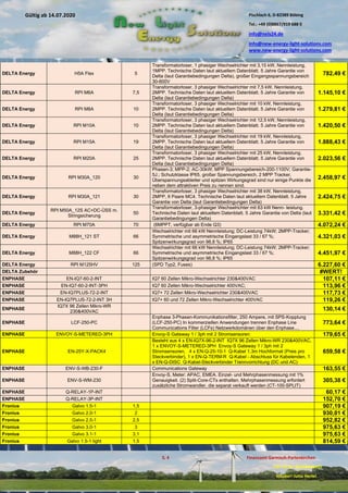Pischlach 6, D-82389 Böbing
Tel.: +49 (0)8867/919 688 0
info@nels24.de
info@new-energy-light-solutions.com
www.new-energy-light-solutions.com
S. 4 Finanzamt Garmisch-Partenkirchen
UST-ID-Nr: DE238049655
Inhaber: Jutta Hertel
Gültig ab 14.07.2020
.01.2020
.2019
.02.2019
.11.2018
..05.2018
DELTA Energy H5A Flex 5
Transformatorloser, 1 phasiger Wechselrichter mit 3,15 kW, Nennleistung,
1MPP. Technische Daten laut aktuellem Datenblatt. 5 Jahre Garantie von
Delta (laut Garantiebedingungen Delta), großer Eingangsspannungsbereich
30-600V
782,49 €
DELTA Energy RPI M6A 7,5
Transformatorloser, 3 phasiger Wechselrichter mit 7,5 kW, Nennleistung,
2MPP. Technische Daten laut aktuellem Datenblatt. 5 Jahre Garantie von
Delta (laut Garantiebedingungen Delta)
1.145,10 €
DELTA Energy RPI M8A 10
Transformatorloser, 3 phasiger Wechselrichter mit 10 kW, Nennleistung,
2MPP. Technische Daten laut aktuellem Datenblatt. 5 Jahre Garantie von
Delta (laut Garantiebedingungen Delta)
1.279,81 €
DELTA Energy RPI M10A 10
Transformatorloser, 3 phasiger Wechselrichter mit 12,5 kW, Nennleistung,
2MPP. Technische Daten laut aktuellem Datenblatt. 5 Jahre Garantie von
Delta (laut Garantiebedingungen Delta)
1.420,50 €
DELTA Energy RPI M15A 19
Transformatorloser, 3 phasiger Wechselrichter mit 19 kW, Nennleistung,
2MPP. Technische Daten laut aktuellem Datenblatt. 5 Jahre Garantie von
Delta (laut Garantiebedingungen Delta)
1.888,43 €
DELTA Energy RPI M20A 25
Transformatorloser, 3 phasiger Wechselrichter mit 25 kW, Nennleistung,
2MPP. Technische Daten laut aktuellem Datenblatt. 5 Jahre Garantie von
Delta (laut Garantiebedingungen Delta)
2.023,56 €
DELTA Energy RPI M30A_120 30
Phasen-3; MPP-2; AC-30kW; MPP Spannungsbereich-200-1100V; Garantie-
5J.; Schutzklasse IP65, großer Spannungsbereich, 2 MPP Tracker,
Überspannungsableiter und spitzen Wirkungsgrad sind nur einige Punkte die
neben dem attraktiven Preis zu nennen sind.
2.458,97 €
DELTA Energy RPI M30A_121 30
Transformatorloser, 3 phasiger Wechselrichter mit 38 kW, Nennleistung,
2MPP, 6 Paare MC4. Technische Daten laut aktuellem Datenblatt. 5 Jahre
Garantie von Delta (laut Garantiebedingungen Delta)
2.424,75 €
DELTA Energy
RPI M50A_12S AC+DC-ÜSS m.
Stringsicherung
50
Transformatorloser, 3-phasiger Wechselrichter mit 63 kW Nenn- leistung.
Technische Daten laut aktuellem Datenblatt. 5 Jahre Garantie von Delta (laut
Garantiebedingungen Delta)
3.331,42 €
DELTA Energy RPI M70A 70 (6MPPT, verfügbar ab Ende Q3) 4.072,24 €
DELTA Energy M88H_121 ST 66
Wechselrichter mit 66 kW Nennleistung; DC-Leistung 74kW; 2MPP-Tracker;
Symmetrische und asymmetrische Eingangslast 33 / 67 %;
Spitzenwirkungsgrad von 98,8 %; IP65
4.321,03 €
DELTA Energy M88H_122 CF 66
Wechselrichter mit 66 kW Nennleistung; DC-Leistung 74kW; 2MPP-Tracker;
Symmetrische und asymmetrische Eingangslast 33 / 67 %;
Spitzenwirkungsgrad von 98,8 %; IP65
4.451,97 €
DELTA Energy RPI M125HV 125 (SPD Typ2, Fuses) 6.227,60 €
DELTA Zubehör #WERT!
ENPHASE EN-IQ7-60-2-INT IQ7 60 Zellen Mikro-Wechselrichter 230&400VAC 107,11 €
ENPHASE EN-IQ7-60-2-INT-3PH IQ7 60 Zellen Mikro-Wechselrichter 400VAC; 113,96 €
ENPHASE EN-IQ7PLUS-72-2-INT IQ7+ 72 Zellen Mikro-Wechselrichter 230&400VAC 117,73 €
ENPHASE EN-IQ7PLUS-72-2-INT 3H IQ7+ 60 und 72 Zellen Mikro-Wechselrichter 400VAC 119,26 €
ENPHASE
IQ7X 96 Zellen Mikro-WR
230&400VAC 130,14 €
ENPHASE LCF-250-PC
Enphase 3-Phasen-Kommunikationsfilter, 250 Ampere, mit SPS-Kopplung
(LCF-250-PC) In kommerziellen Anwendungen trennen Enphase Line
Communications Filter (LCFs) Netzwerkdomänen über den Enphase....
773,64 €
ENPHASE ENVOY-S-METERED-3PH Envoy-S Gateway 1 / 3ph mit 2 Stromsensoren 179,65 €
ENPHASE EN-25Y-X-PACK4
Besteht aus 4 x EN-IQ7X-96-2-INT IQ7X 96 Zellen Mikro-WR 230&400VAC,
1 x ENVOY-S-METERED-3PH Envoy-S Gateway 1 / 3ph mit 2
Stromsensoren, 4 x EN-Q-25-10-1 Q-Kabel 1.3m Hochformat (Preis pro
Steckverbinder), 1 x EN-Q-TERM-R Q-Kabel - Abschluss für Kabelenden, 1
x EN-Q-DISC Q-Kabel-Steckverbinder Trennvorrichtung (DC und AC)
659,58 €
ENPHASE ENV-S-WB-230-F Communications Gateway 163,55 €
ENPHASE ENV-S-WM-230
Envoy-S, Meter: APAC, EMEA. Einzel- und Mehrphasenmessung mit 1%
Genauigkeit. (2) Split-Core-CTs enthalten. Mehrphasenmessung erfordert
zusätzliche Stromwandler, die separat verkauft werden (CT-100-SPLIT)
305,38 €
ENPHASE Q-RELAY-1P-INT 60,17 €
ENPHASE Q-RELAY-3P-INT 152,70 €
Fronius Galvo 1.5-1 1,5 907,19 €
Fronius Galvo 2.0-1 2 930,01 €
Fronius Galvo 2.5-1 2,5 952,82 €
Fronius Galvo 3.0-1 3 975,63 €
Fronius Galvo 3.1-1 3,1 975,63 €
Fronius Galvo 1.5-1 light 1,5 814,59 €
 