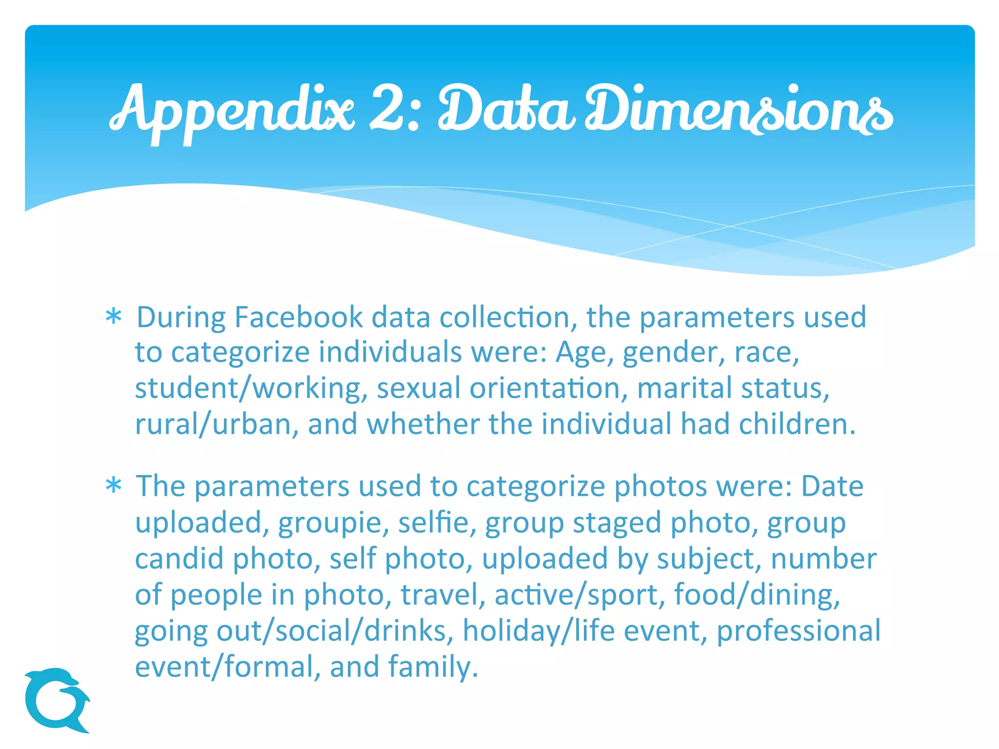  During Facebook data collection, the parameters used
to categorize individuals were: Age, gender, race,
student/working, sexual orientation, marital status,
rural/urban, and whether the individual had children.
 The parameters used to categorize photos were: Date
uploaded, groupie, selfie, group staged photo, group
candid photo, self photo, uploaded by subject, number
of people in photo, travel, active/sport, food/dining,
going out/social/drinks, holiday/life event, professional
event/formal, and family.
Appendix 2: Data Dimensions
 