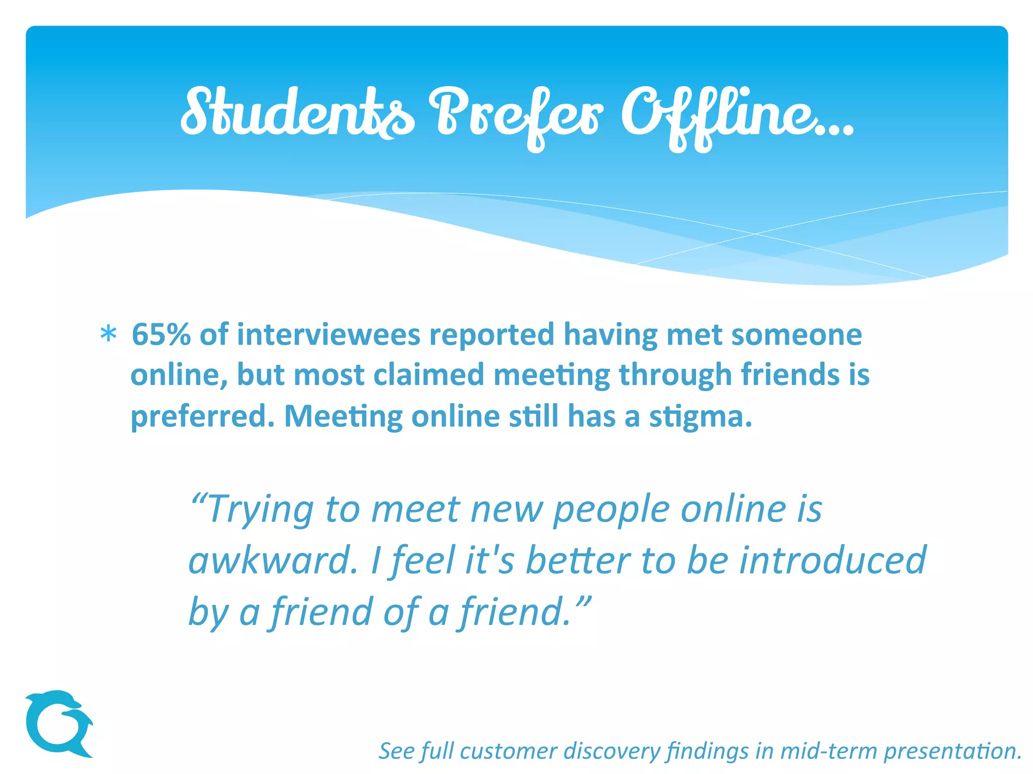 “Trying to meet new people online is
awkward. I feel it's better to be introduced
by a friend of a friend.”
Students Prefer Offline…
See full customer discovery findings in mid-term presentation.
 65% of interviewees reported having met someone
online, but most claimed meeting through friends is
preferred. Meeting online still has a stigma.
 