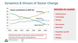 Dynamics & Drivers of Sector Change
5
DRIVERS OF CHANGE
 Infrastructure
 Technology
 Markets
 Governance
 Networks
 Population growth
 Income
 Mobility
Declining share of primary sector during the
process of economic development
 