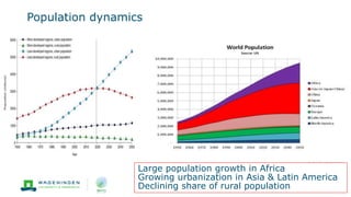 Population dynamics
Large population growth in Africa
Growing urbanization in Asia & Latin America
Declining share of rural population
 