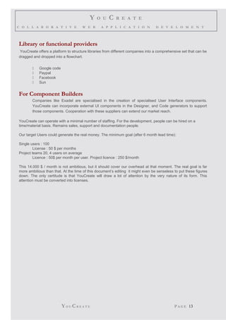 Y O U C R E A T E
C O L L A B O R A T I V E W E B A P P L I C A T I O N D E V E L O M E N T
Library or functional providers
YouCreate offers a platform to structure libraries from different companies into a comprehensive set that can be
dragged and dropped into a flowchart.
 Google code
 Paypal
 Facebook
 Sun
For Component Builders
Companies like Exadel are specialised in the creation of specialised User Interface components.
YouCreate can incorporate external UI components in the Designer, and Code generators to support
those components. Cooperation with these suppliers can extend our market reach.
YouCreate can operate with a minimal number of staffing. For the development, people can be hired on a
time/material basis. Remains sales, support and documentation people.
Our target Users could generate the real money. The minimum goal (after 6 month lead time):
Single users : 100
License : 50 $ per months
Project teams 20, 4 users on average
Licence : 50$ per month per user. Project licence : 250 $/month
This 14.000 $ / month is not ambitious, but it should cover our overhead at that moment. The real goal is far
more ambitious than that. At the time of this document’s editing it might even be senseless to put these figures
down. The only certitude is that YouCreate will draw a lot of attention by the very nature of its form. This
attention must be converted into licenses.
YO U CR E A T E P A G E 13
 
