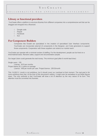 Y O U C R E A T E 
C O L L A B O R A T I V E W E B A P P L I C A T I O N D E V E L O M E N T 
Library or functional providers 
YouCreate offers a platform to structure libraries from different companies into a comprehensive set that can be 
dragged and dropped into a flowchart. 
 Google code 
 Paypal 
 Facebook 
 Sun 
For Component Builders 
Companies like Exadel are specialised in the creation of specialised User Interface components. 
YouCreate can incorporate external UI components in the Designer, and Code generators to support 
those components. Cooperation with these suppliers can extend our market reach. 
YouCreate can operate with a minimal number of staffing. For the development, people can be hired on a 
time/material basis. Remains sales, support and documentation people. 
Our target Users could generate the real money. The minimum goal (after 6 month lead time): 
Single users : 100 
License : 50 $ per months 
Project teams 20, 4 users on average 
Licence : 50$ per month per user. Project licence : 250 $/month 
This 14.000 $ / month is not ambitious, but it should cover our overhead at that moment. The real goal is far 
more ambitious than that. At the time of this document’s editing it might even be senseless to put these figures 
down. The only certitude is that YouCreate will draw a lot of attention by the very nature of its form. This 
attention must be converted into licenses. 
YO UCR E A T E P A G E 14 
 